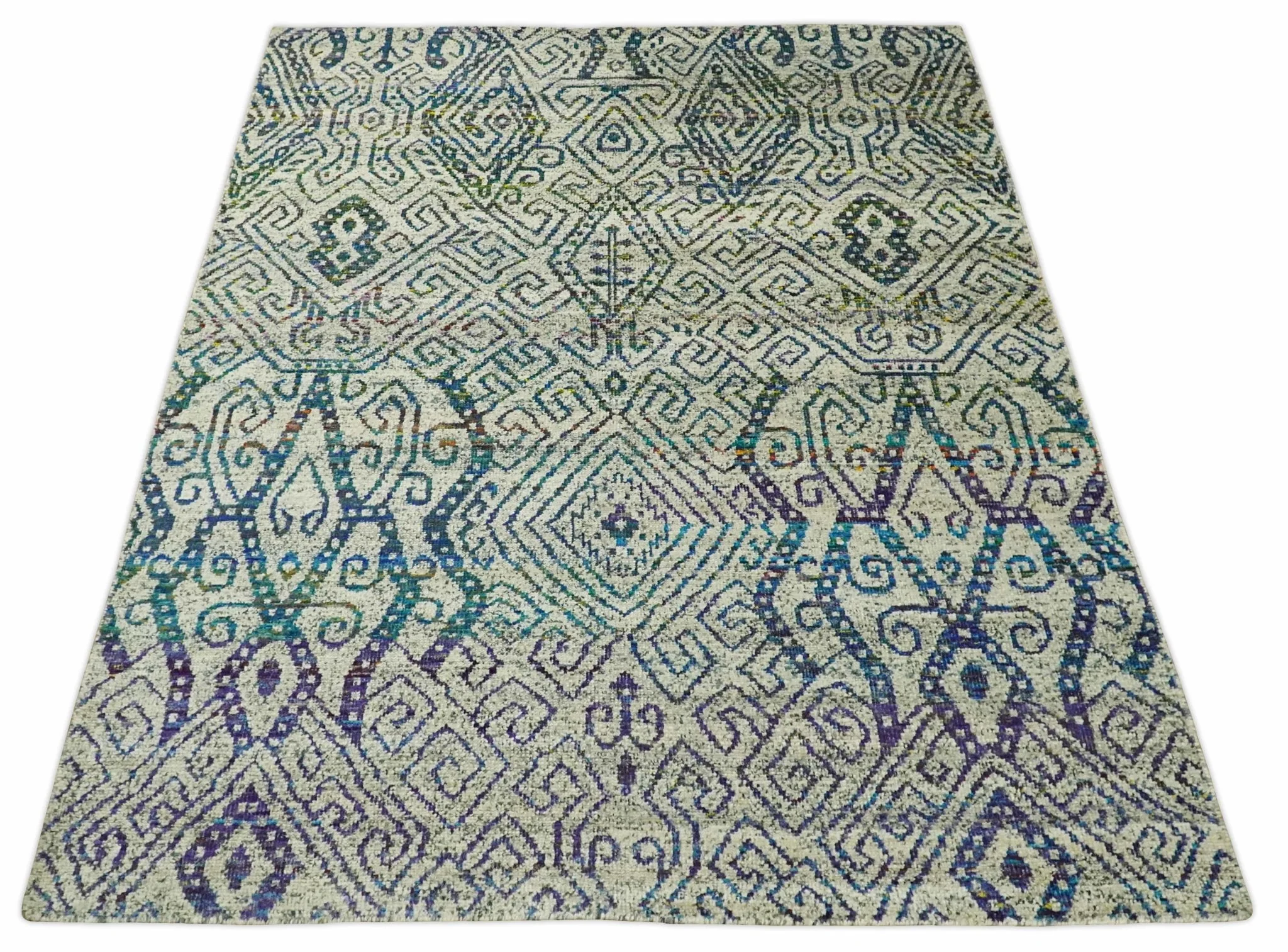 Antique 8x10 Hand Knotted Beige and Blue Persian made of Recycled Silk Area Rug | OP25 - Image 11