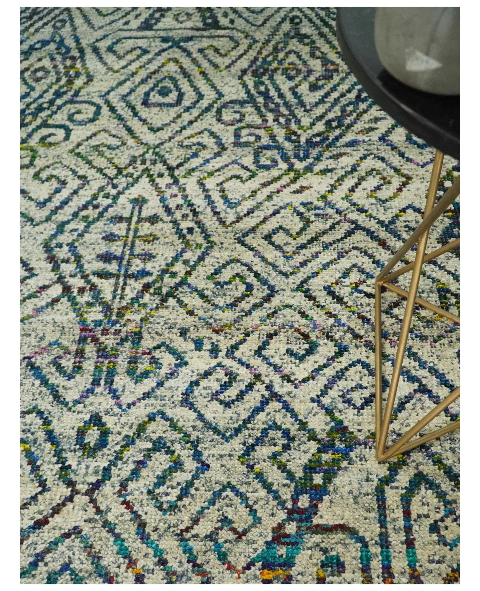Antique 8x10 Hand Knotted Beige and Blue Persian made of Recycled Silk Area Rug | OP25 - Image 2