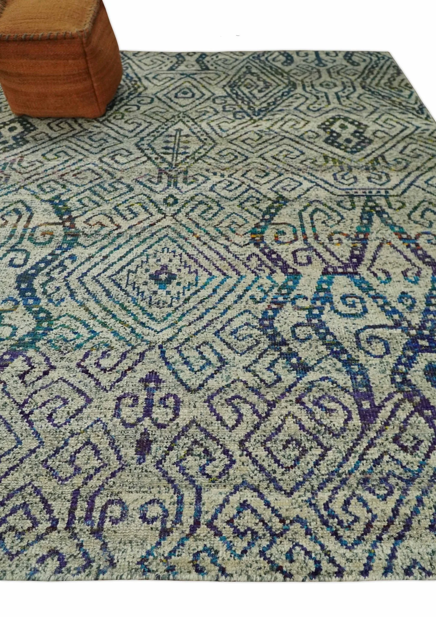 Antique 8x10 Hand Knotted Beige and Blue Persian made of Recycled Silk Area Rug | OP25 - Image 3