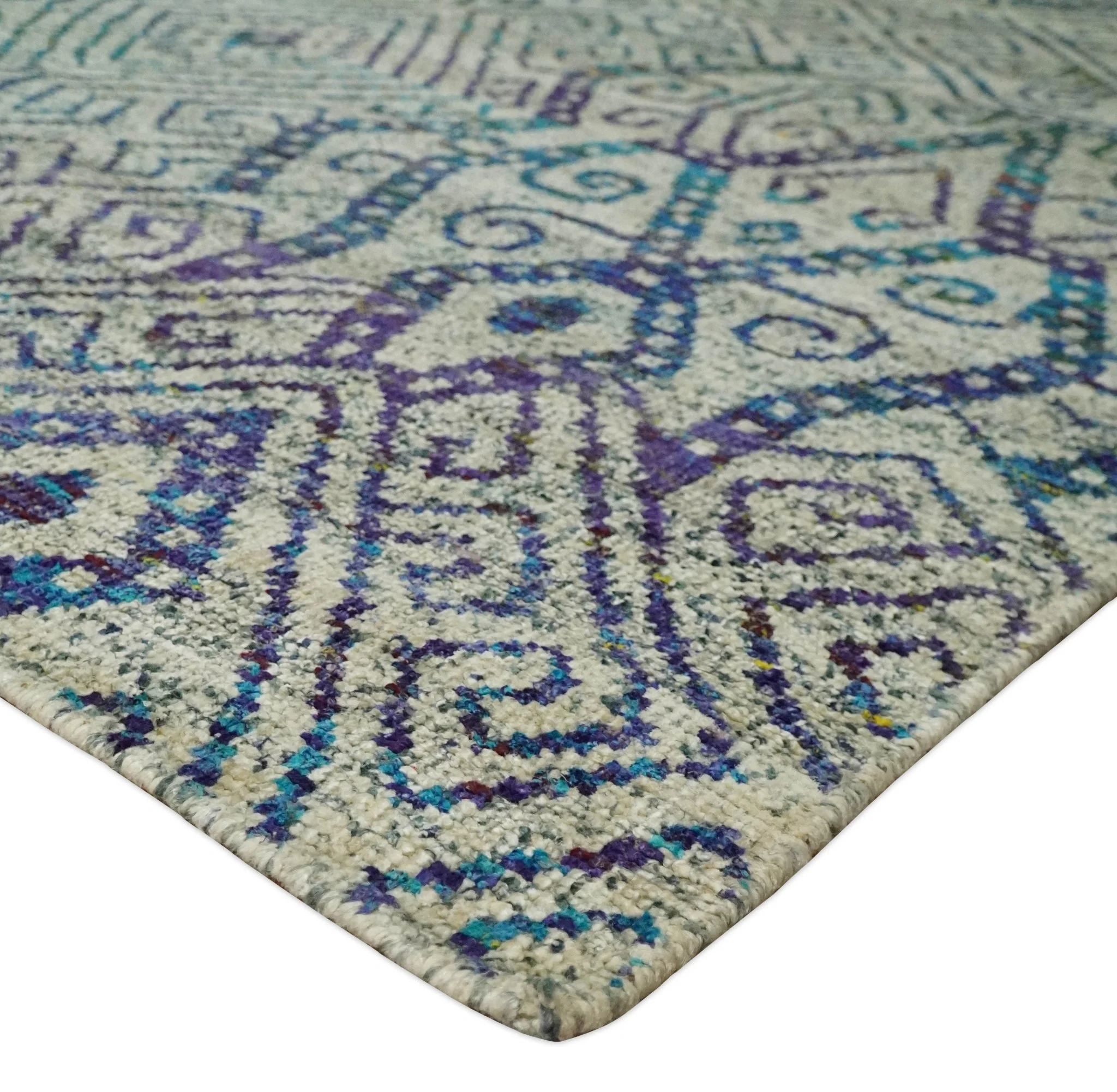 Antique 8x10 Hand Knotted Beige and Blue Persian made of Recycled Silk Area Rug | OP25 - Image 5