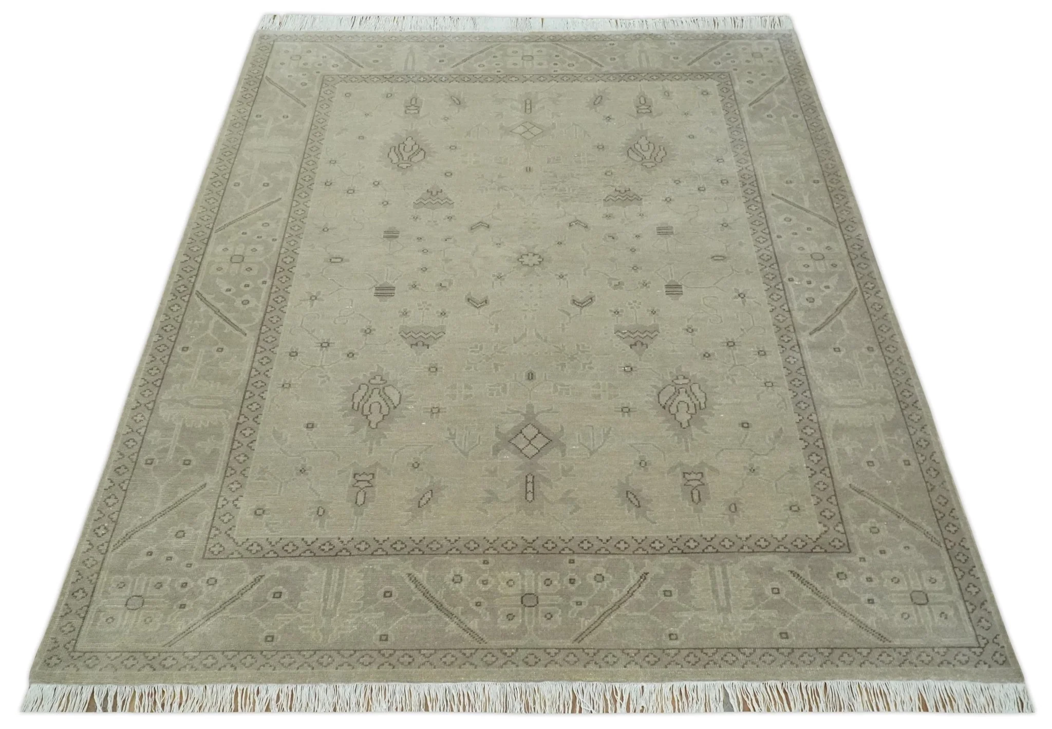 Antique 8x10 Hand Knotted Beige Traditional Vintage Persian Oushak Wool Rug | AC21810 - Image 8