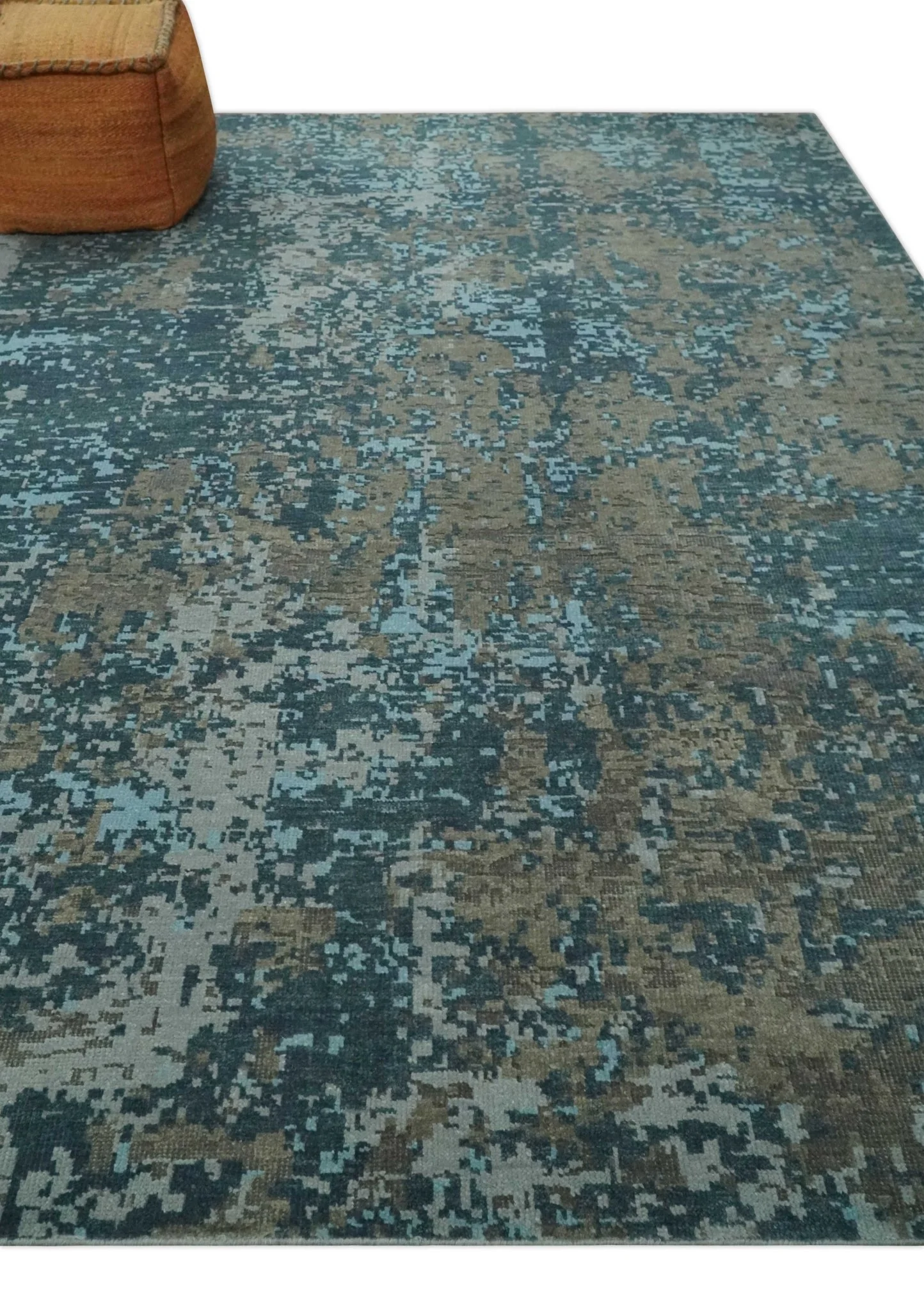 Modern Abstract 8x10 Hand Knotted Blue, Silver and Brown Low Pile Wool Rug | AC33810 - Image 3
