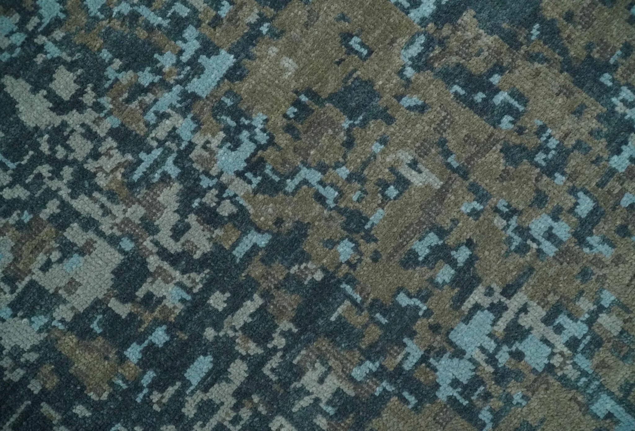 Modern Abstract 8x10 Hand Knotted Blue, Silver and Brown Low Pile Wool Rug | AC33810 - Image 4