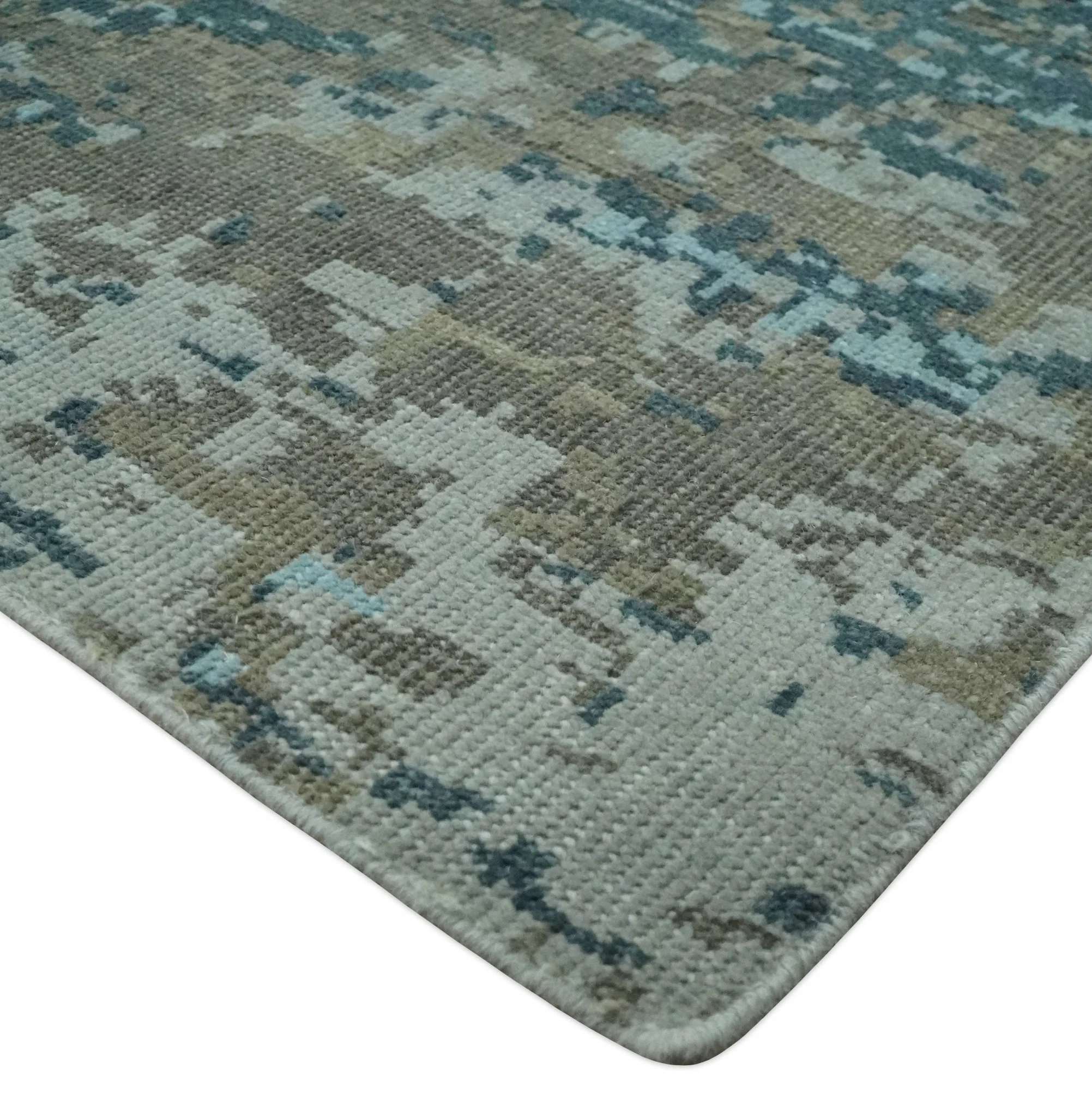 Modern Abstract 8x10 Hand Knotted Blue, Silver and Brown Low Pile Wool Rug | AC33810 - Image 5
