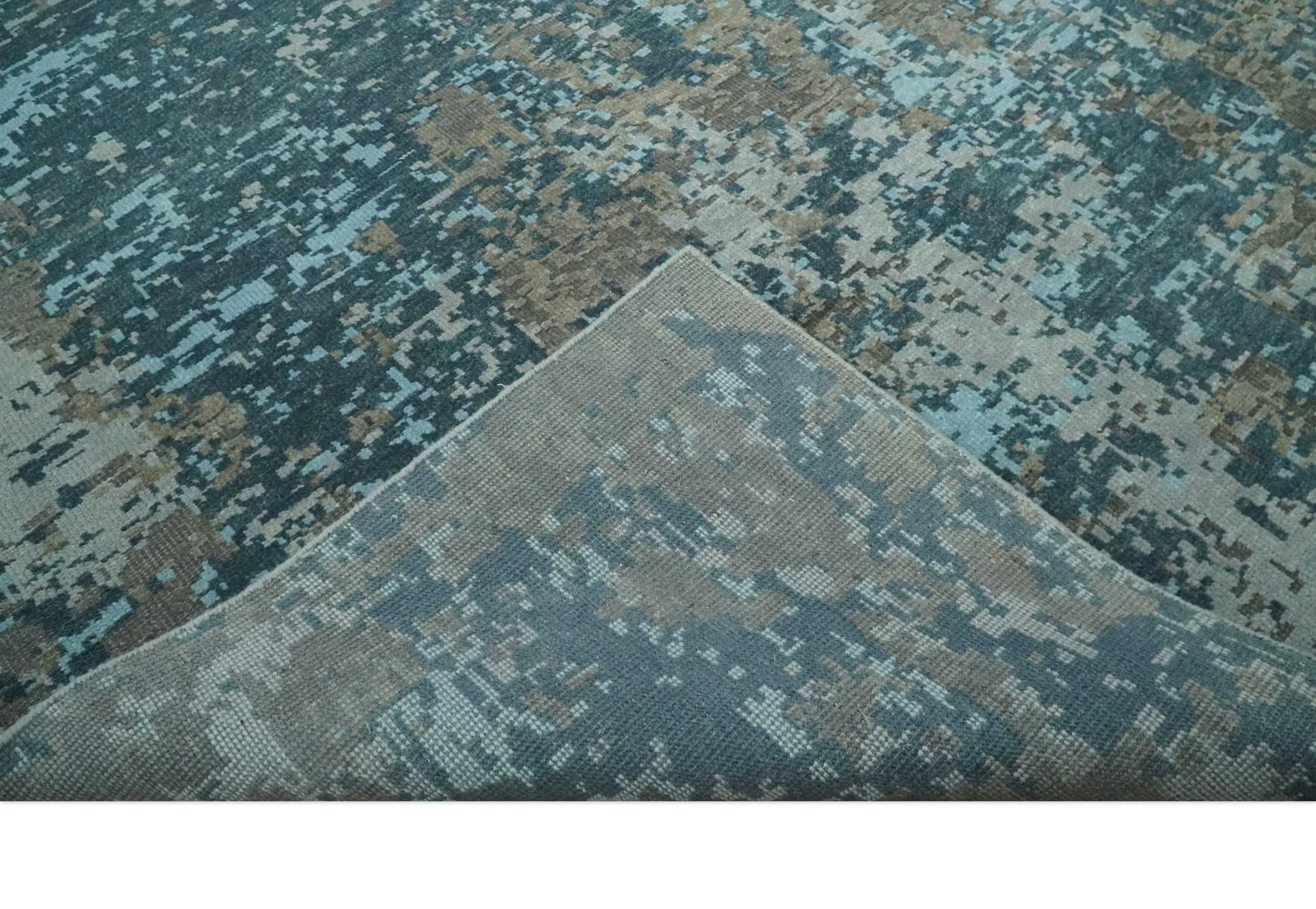 Modern Abstract 8x10 Hand Knotted Blue, Silver and Brown Low Pile Wool Rug | AC33810 - Image 6