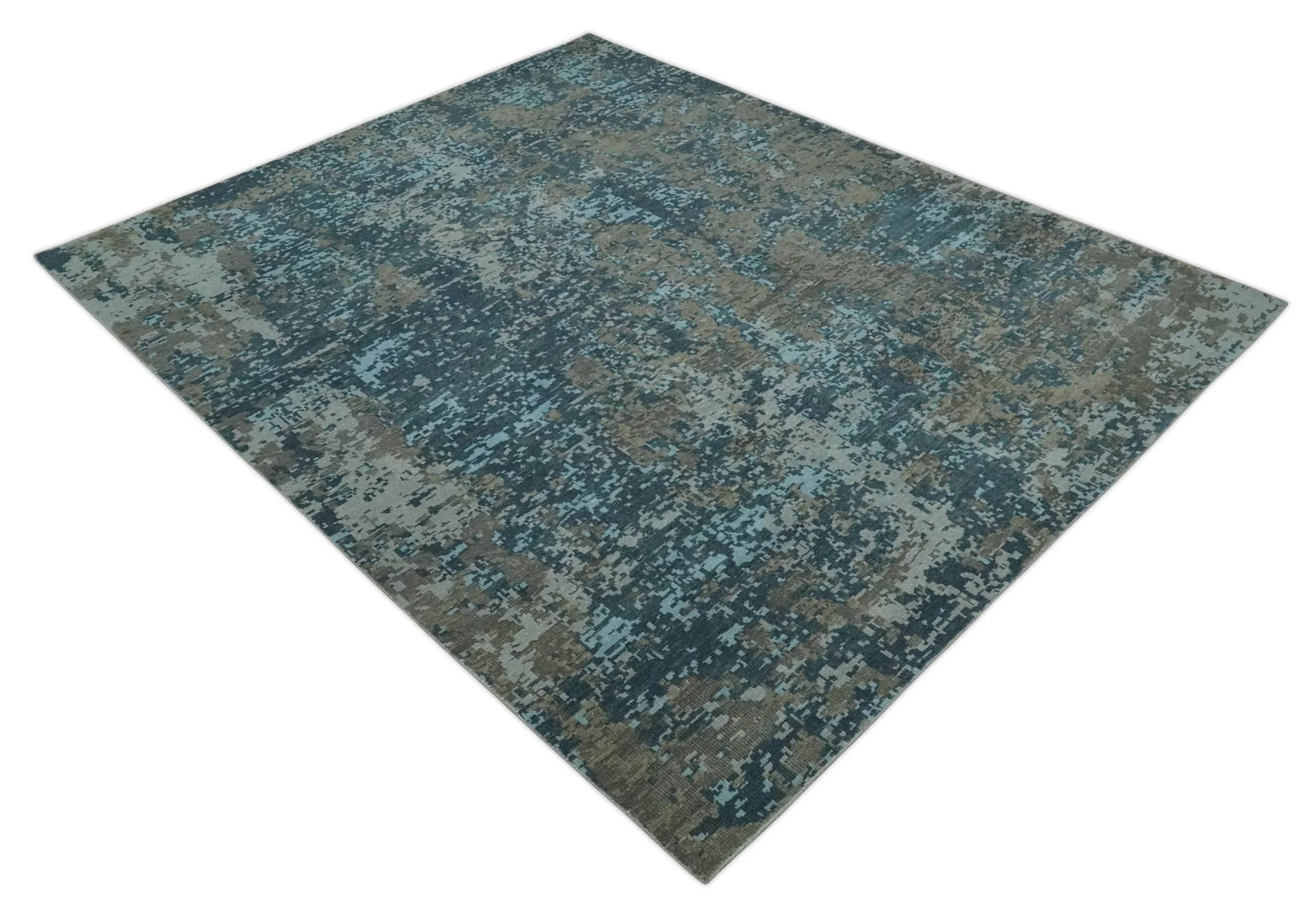 Modern Abstract 8x10 Hand Knotted Blue, Silver and Brown Low Pile Wool Rug | AC33810 - Image 8