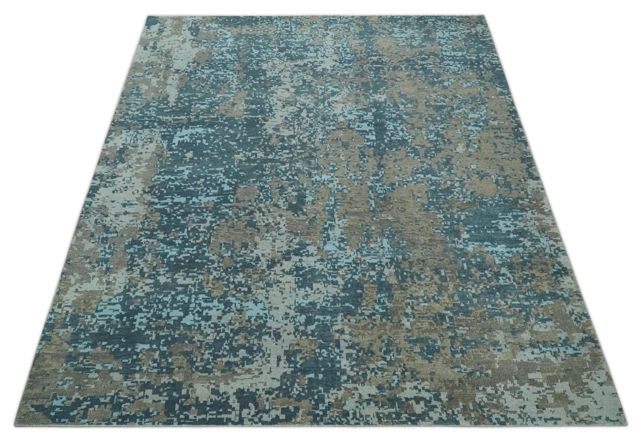 Modern Abstract 8x10 Hand Knotted Blue, Silver and Brown Low Pile Wool Rug | AC33810 - Image 9