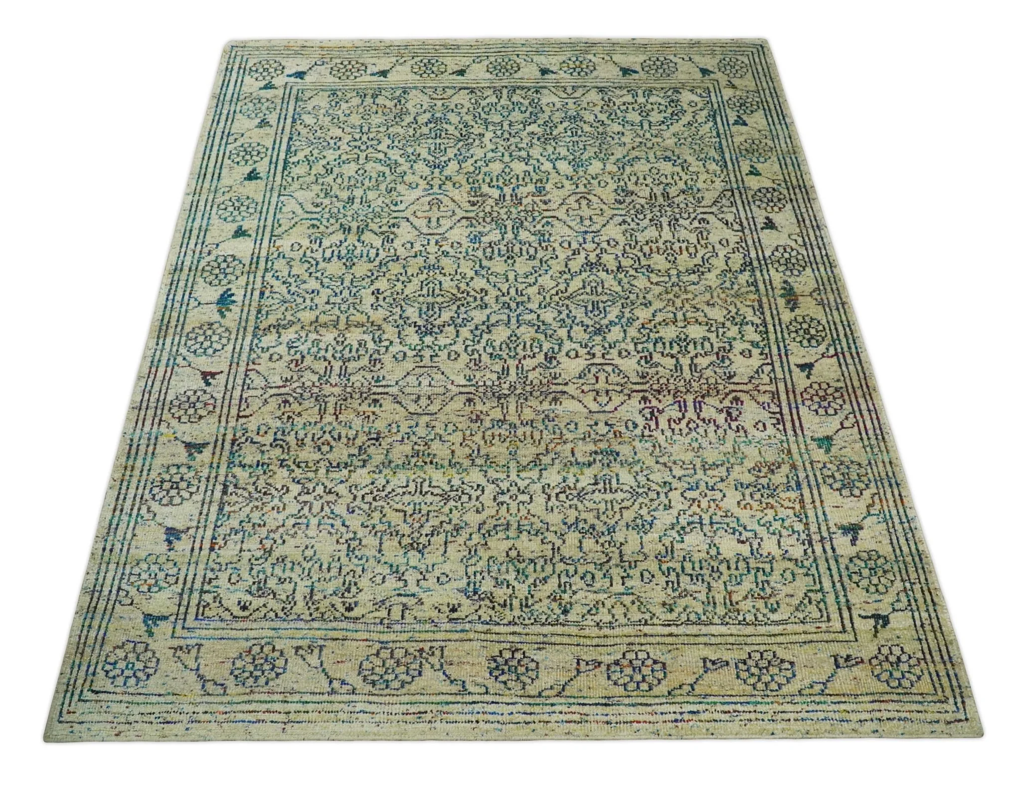 Antique 8x10 Hand Knotted Camel, Ivory and Blue Persian made of Recycled Silk Area Rug | OP33 - Image 10