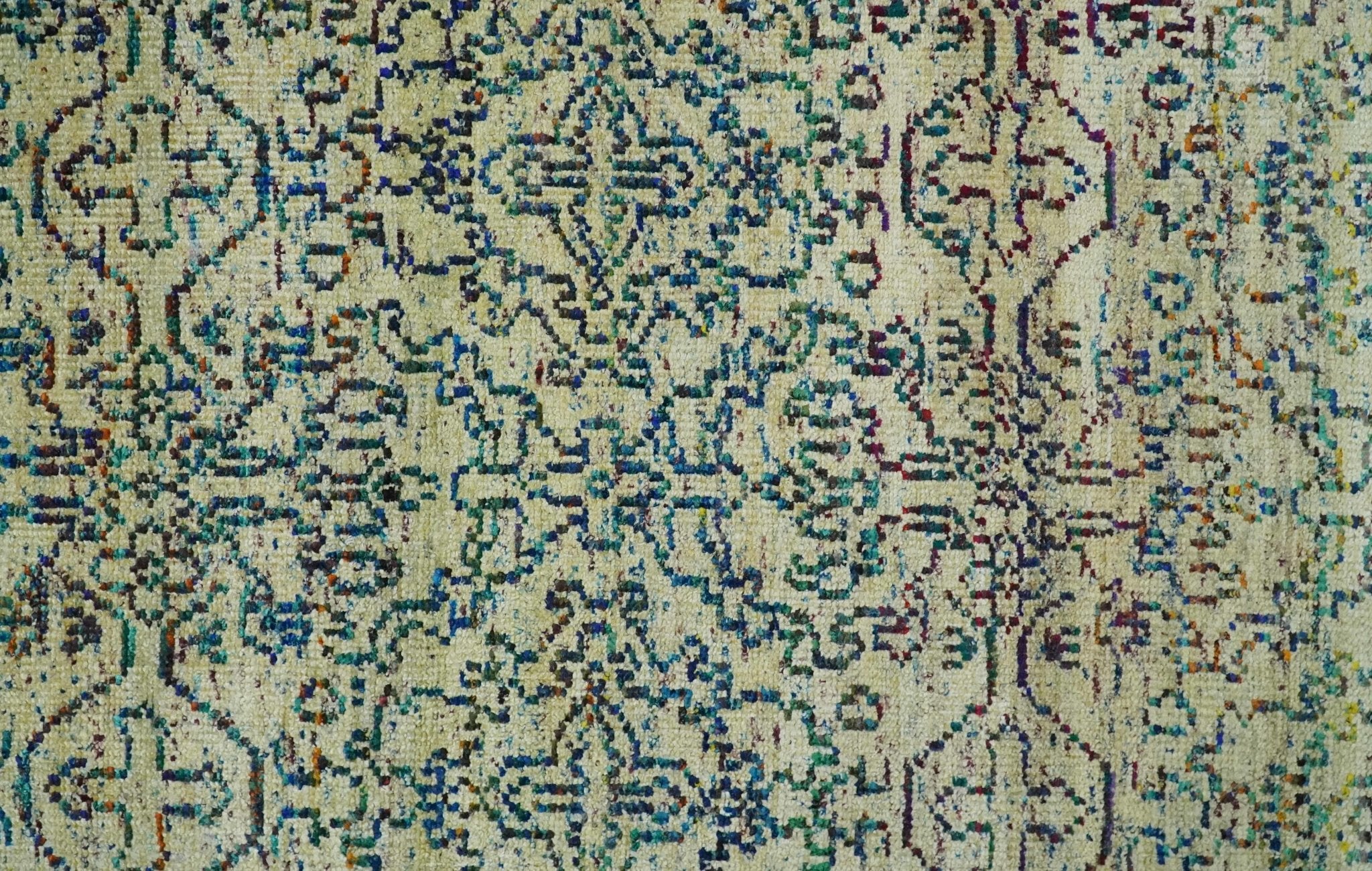 Antique 8x10 Hand Knotted Camel, Ivory and Blue Persian made of Recycled Silk Area Rug | OP33 - Image 11