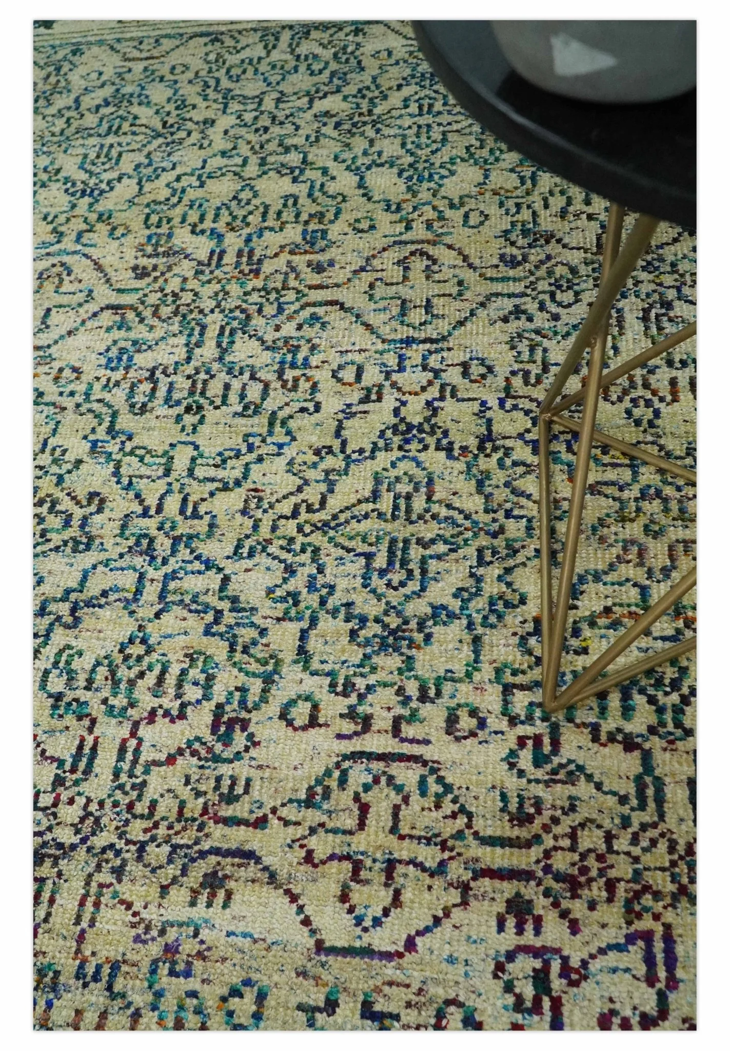 Antique 8x10 Hand Knotted Camel, Ivory and Blue Persian made of Recycled Silk Area Rug | OP33 - Image 2