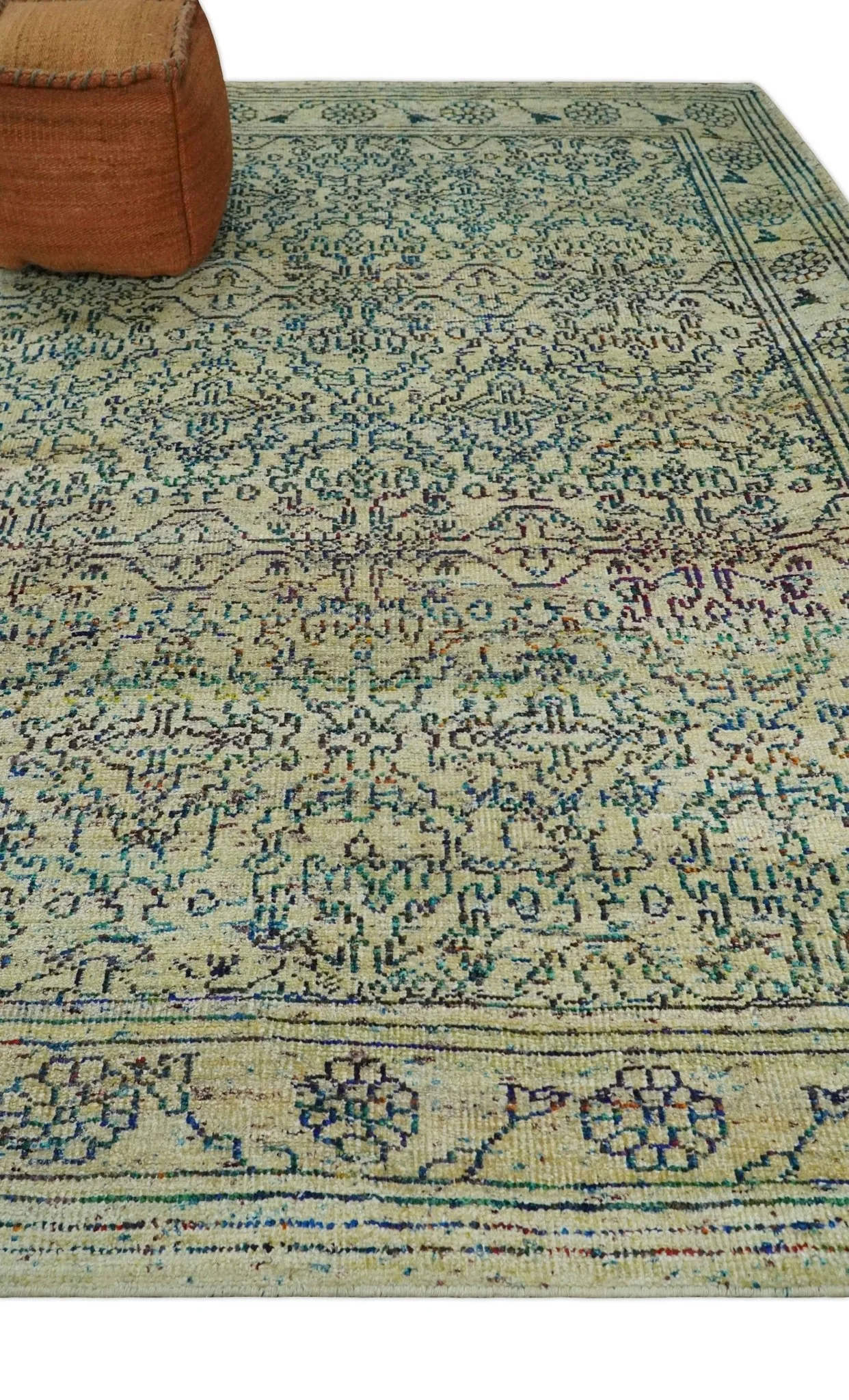 Antique 8x10 Hand Knotted Camel, Ivory and Blue Persian made of Recycled Silk Area Rug | OP33 - Image 3