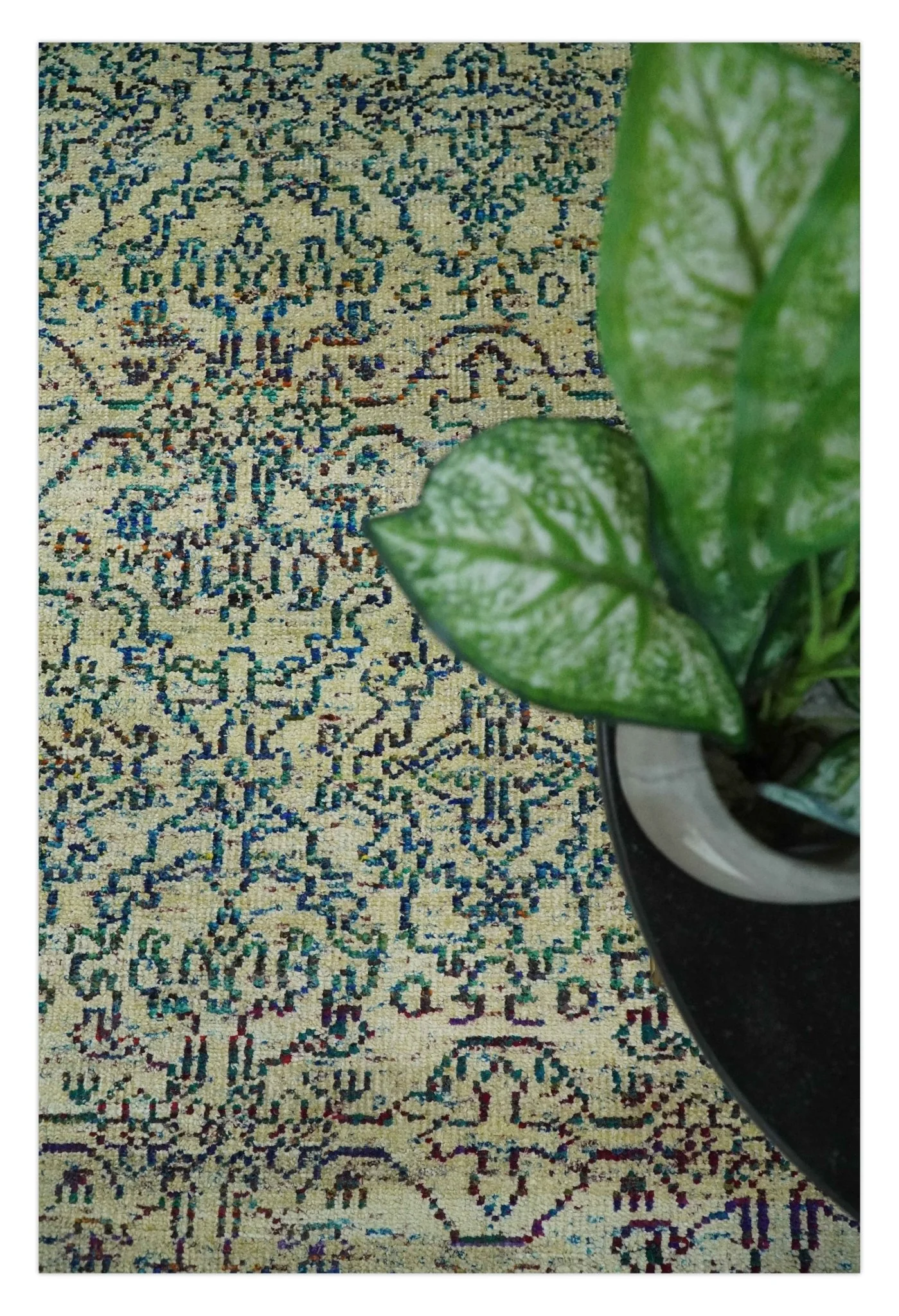 Antique 8x10 Hand Knotted Camel, Ivory and Blue Persian made of Recycled Silk Area Rug | OP33 - Image 5