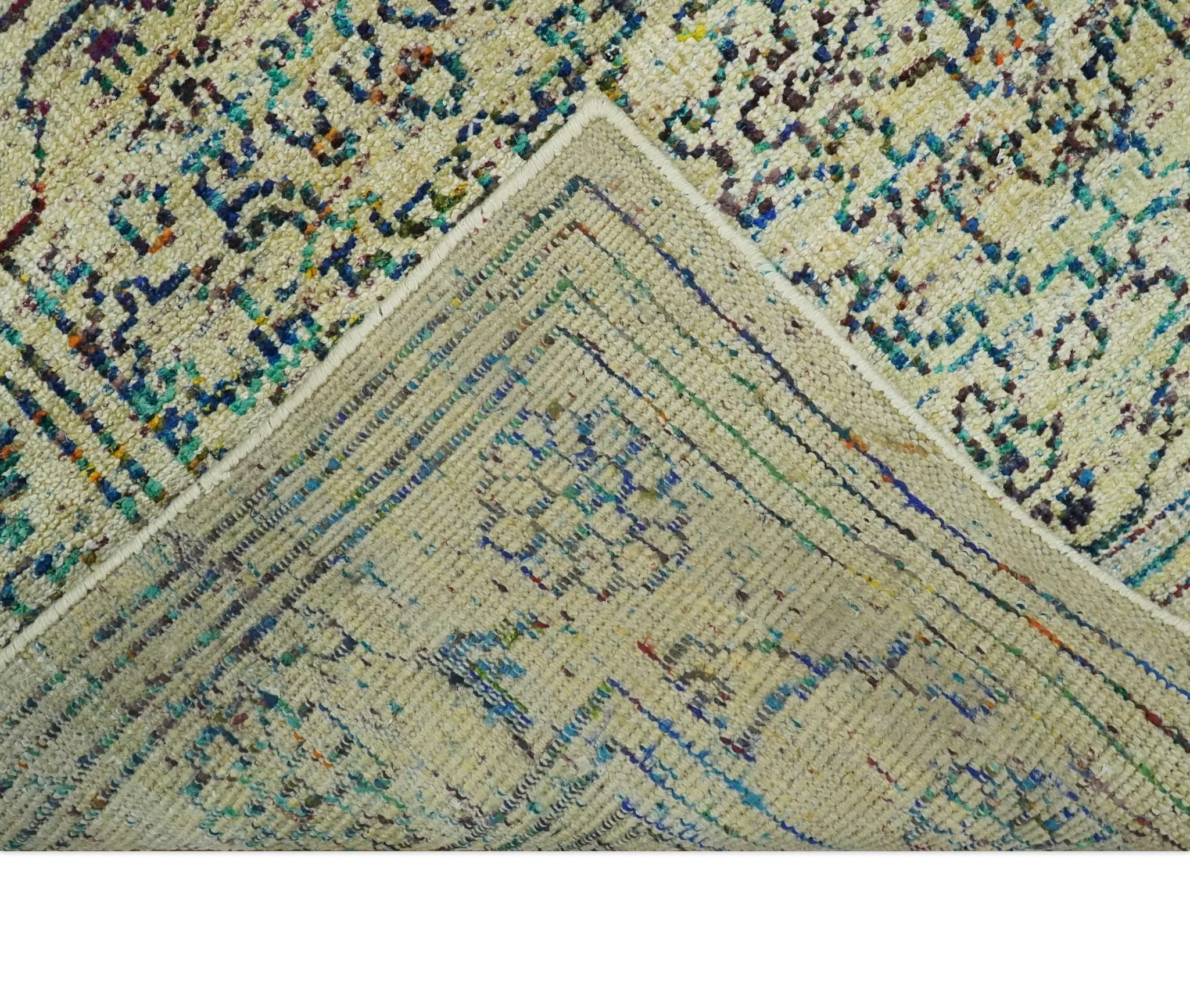 Antique 8x10 Hand Knotted Camel, Ivory and Blue Persian made of Recycled Silk Area Rug | OP33 - Image 6