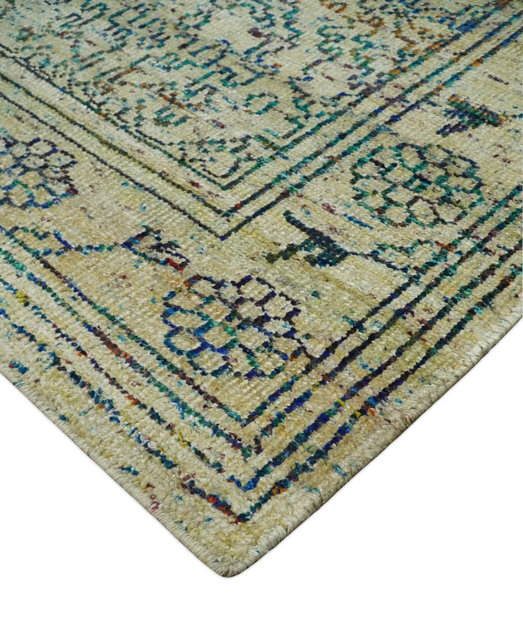 Antique 8x10 Hand Knotted Camel, Ivory and Blue Persian made of Recycled Silk Area Rug | OP33 - Image 7