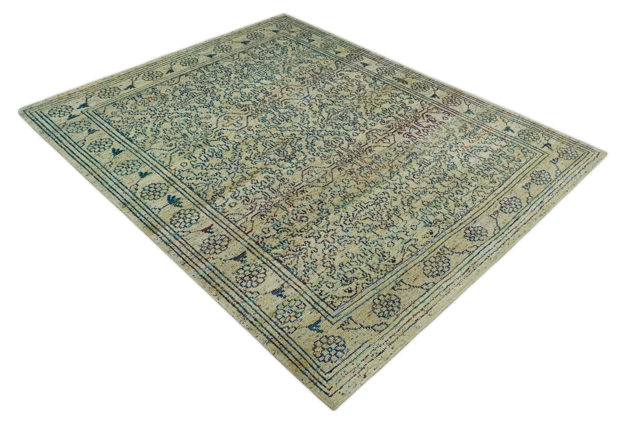 Antique 8x10 Hand Knotted Camel, Ivory and Blue Persian made of Recycled Silk Area Rug | OP33 - Image 9