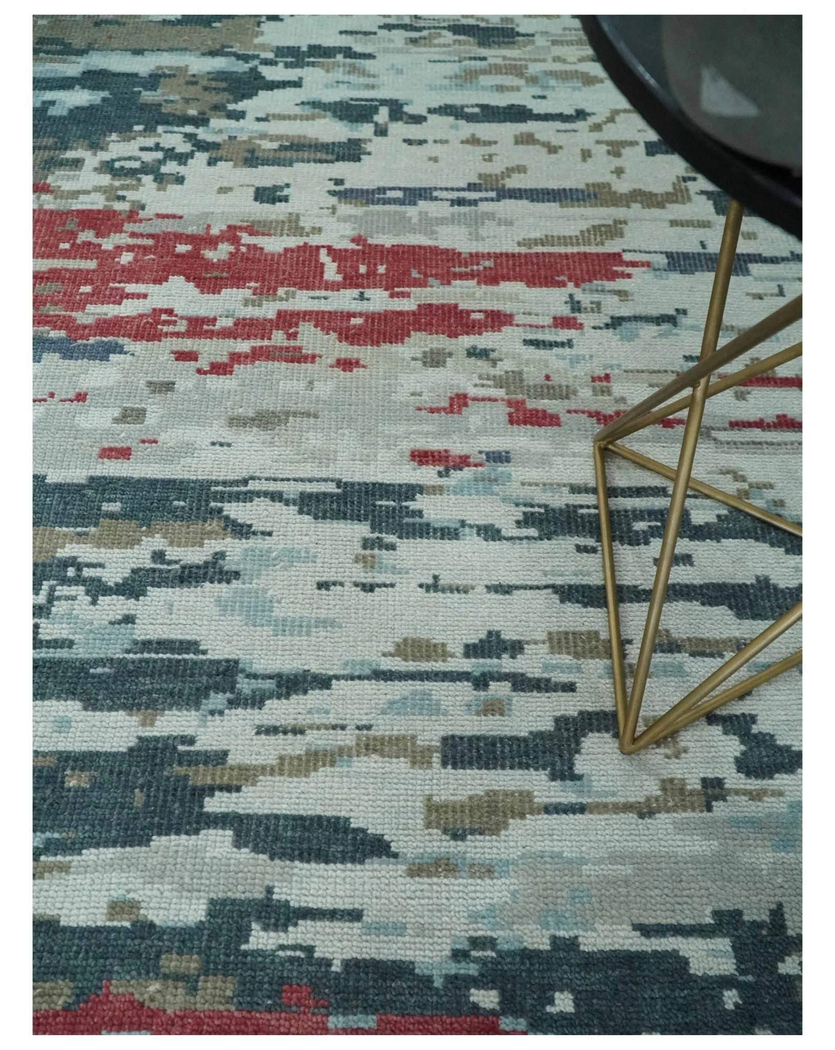Modern Abstract Red, Ivory and Blue 8x10 Hand Knotted Low Pile Wool Rug | AC18810 - Image 2