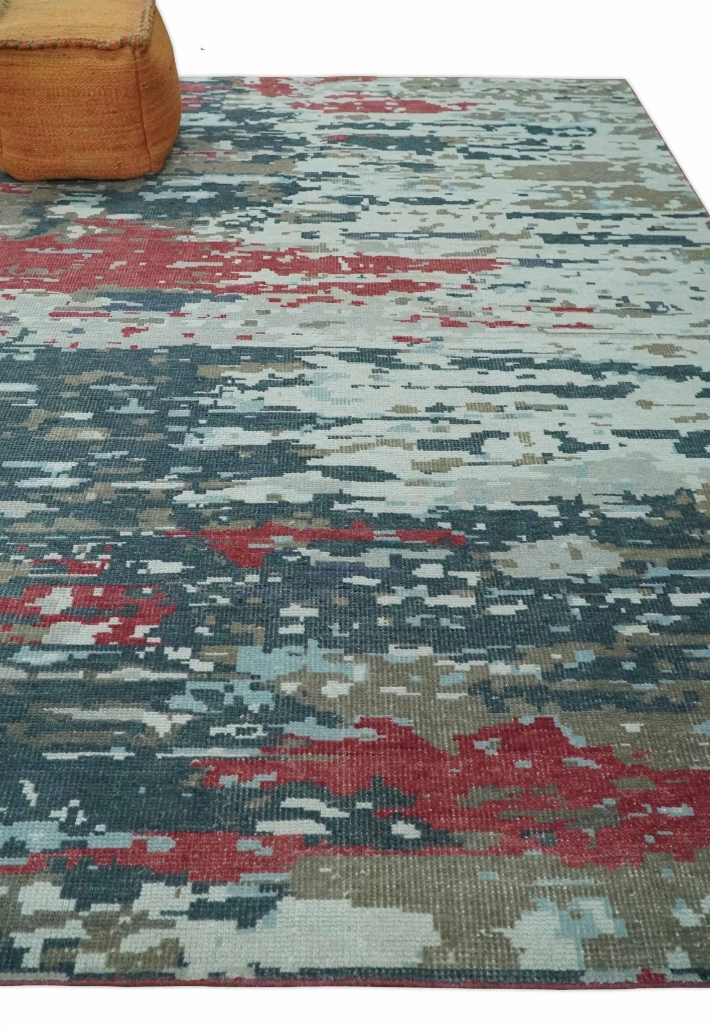 Modern Abstract Red, Ivory and Blue 8x10 Hand Knotted Low Pile Wool Rug | AC18810 - Image 3