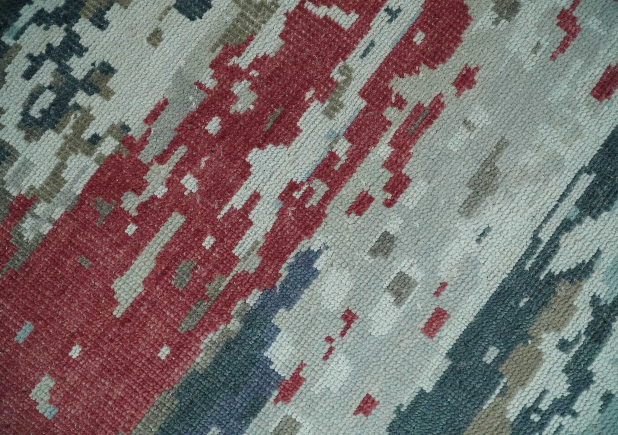 Modern Abstract Red, Ivory and Blue 8x10 Hand Knotted Low Pile Wool Rug | AC18810 - Image 4