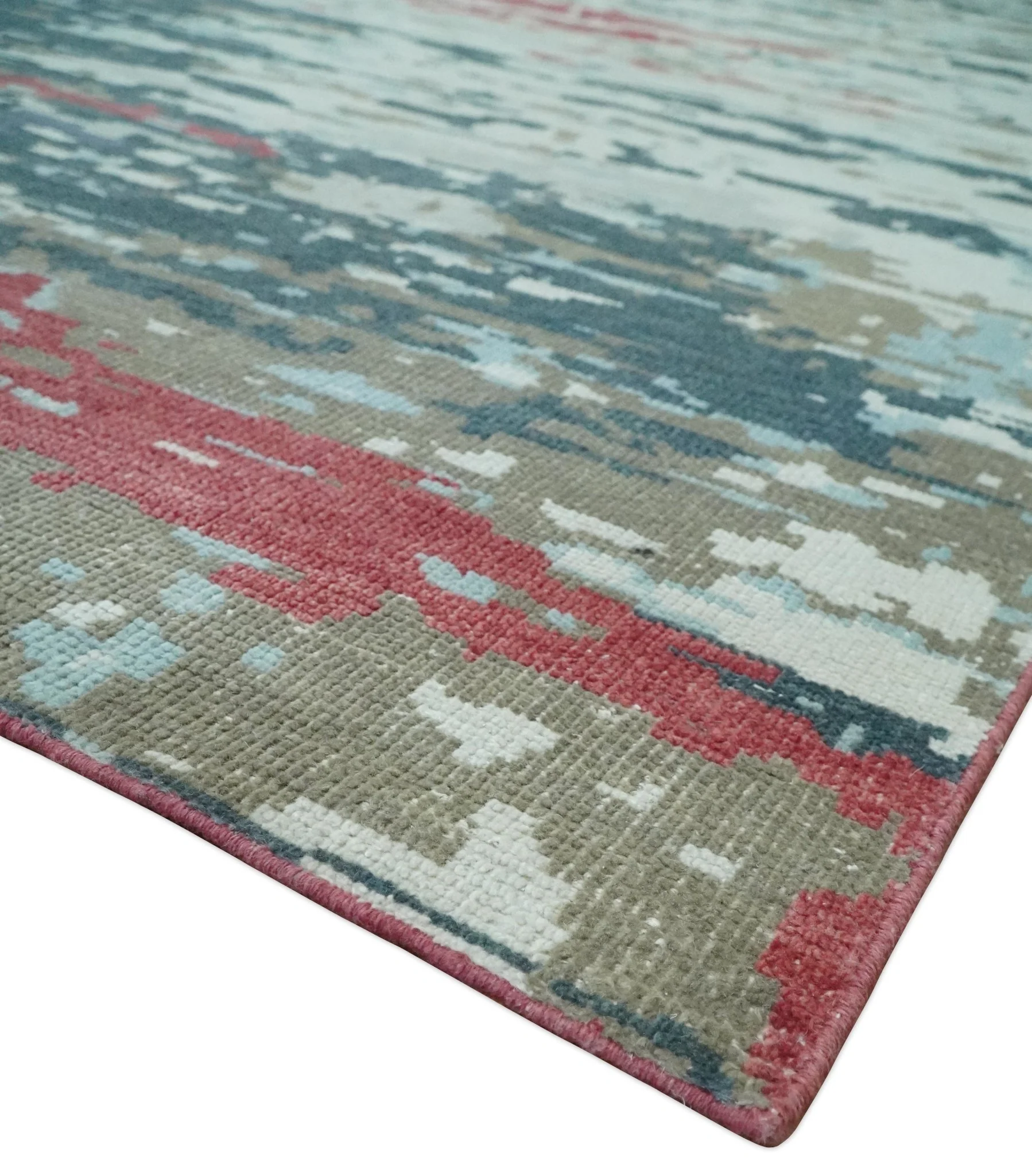 Modern Abstract Red, Ivory and Blue 8x10 Hand Knotted Low Pile Wool Rug | AC18810 - Image 5