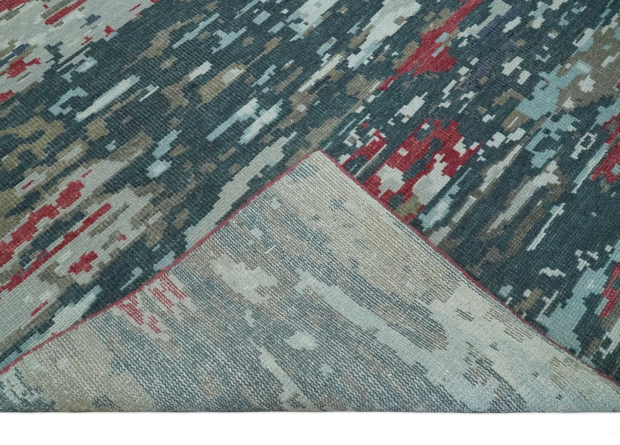 Modern Abstract Red, Ivory and Blue 8x10 Hand Knotted Low Pile Wool Rug | AC18810 - Image 6