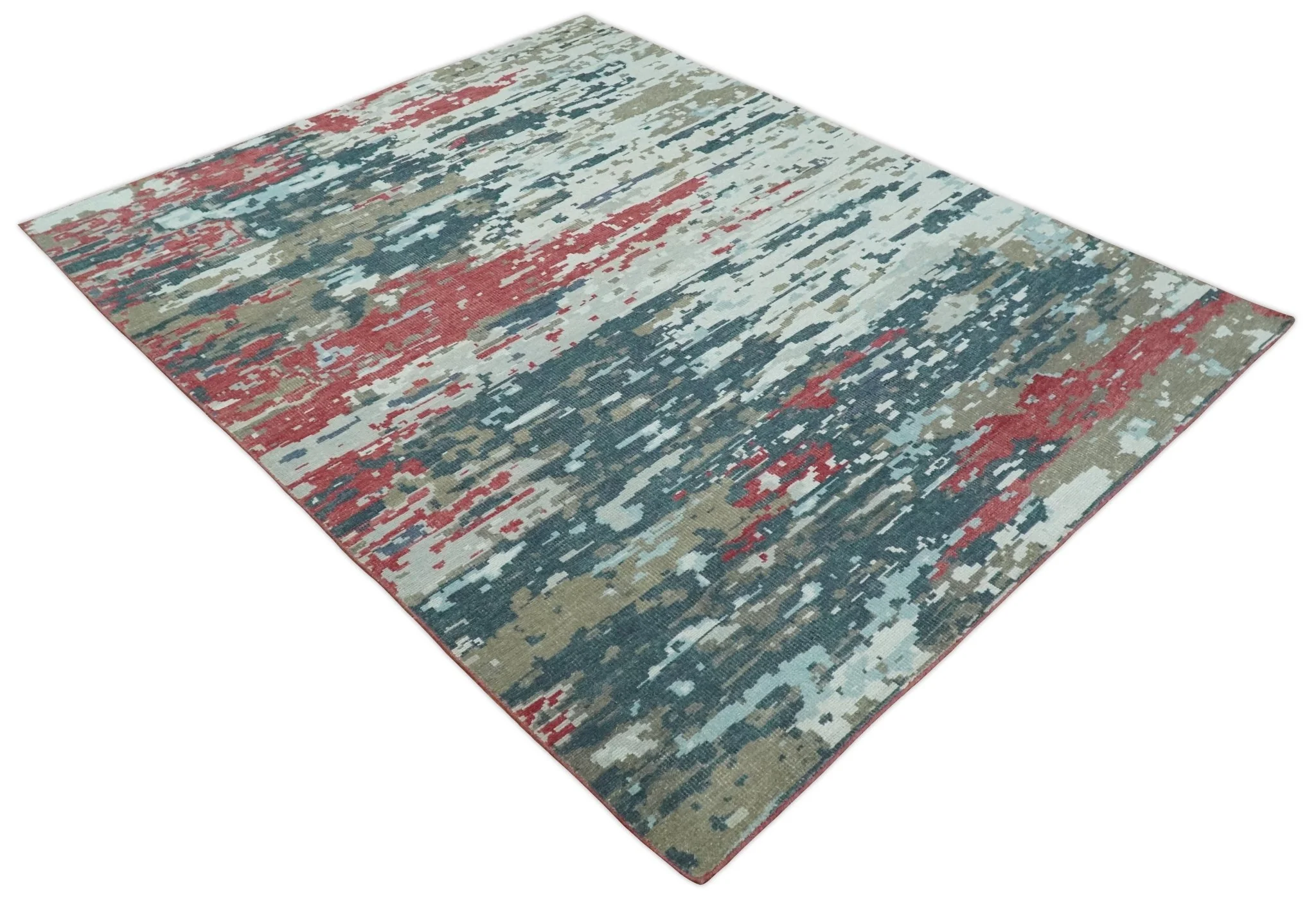Modern Abstract Red, Ivory and Blue 8x10 Hand Knotted Low Pile Wool Rug | AC18810 - Image 8