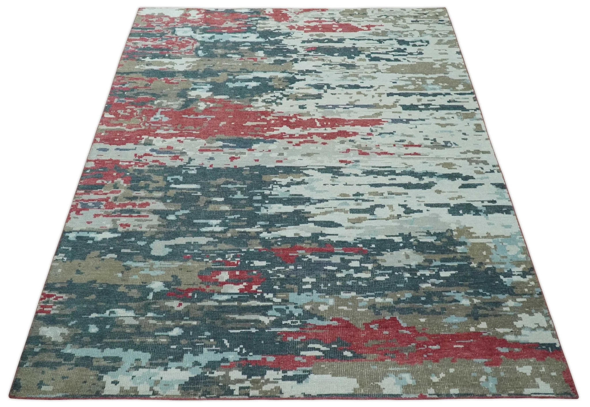 Modern Abstract Red, Ivory and Blue 8x10 Hand Knotted Low Pile Wool Rug | AC18810 - Image 9
