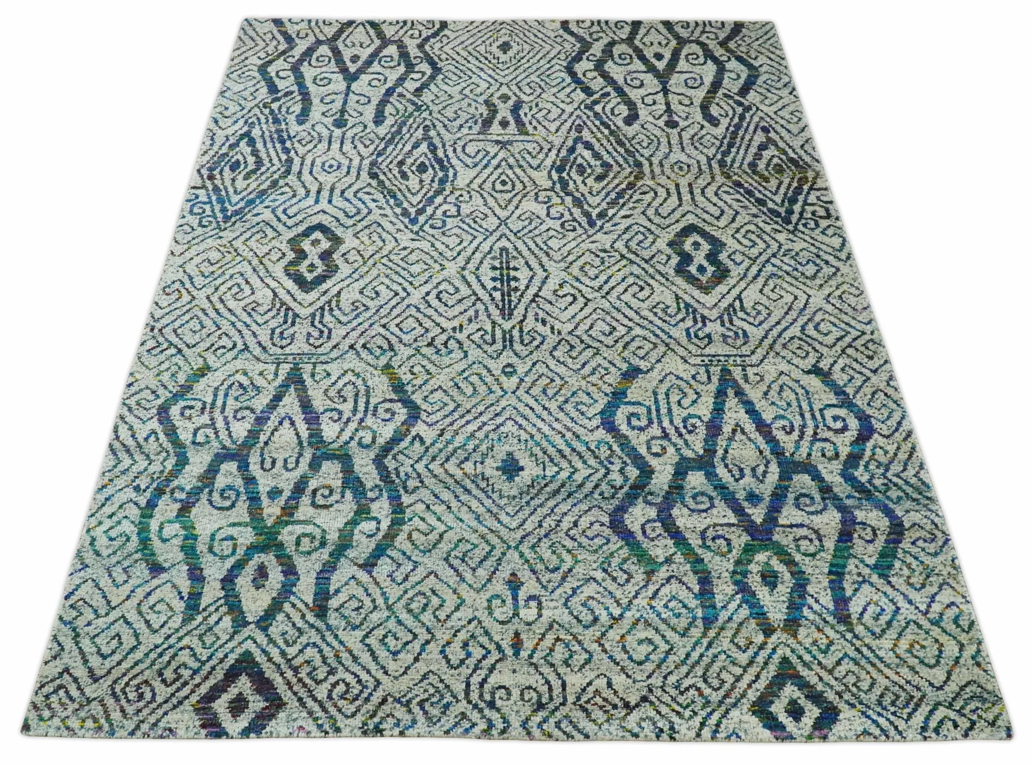 Antique 9x12 Hand Knotted Ivory, Teal and Blue Persian made of Recycled Silk Area Rug | OP48 - Image 10