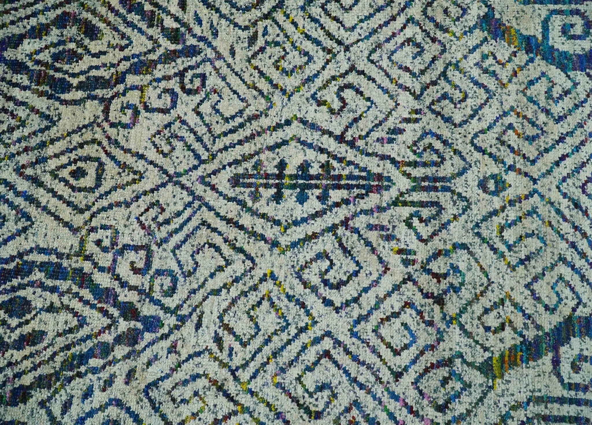 Antique 9x12 Hand Knotted Ivory, Teal and Blue Persian made of Recycled Silk Area Rug | OP48 - Image 11