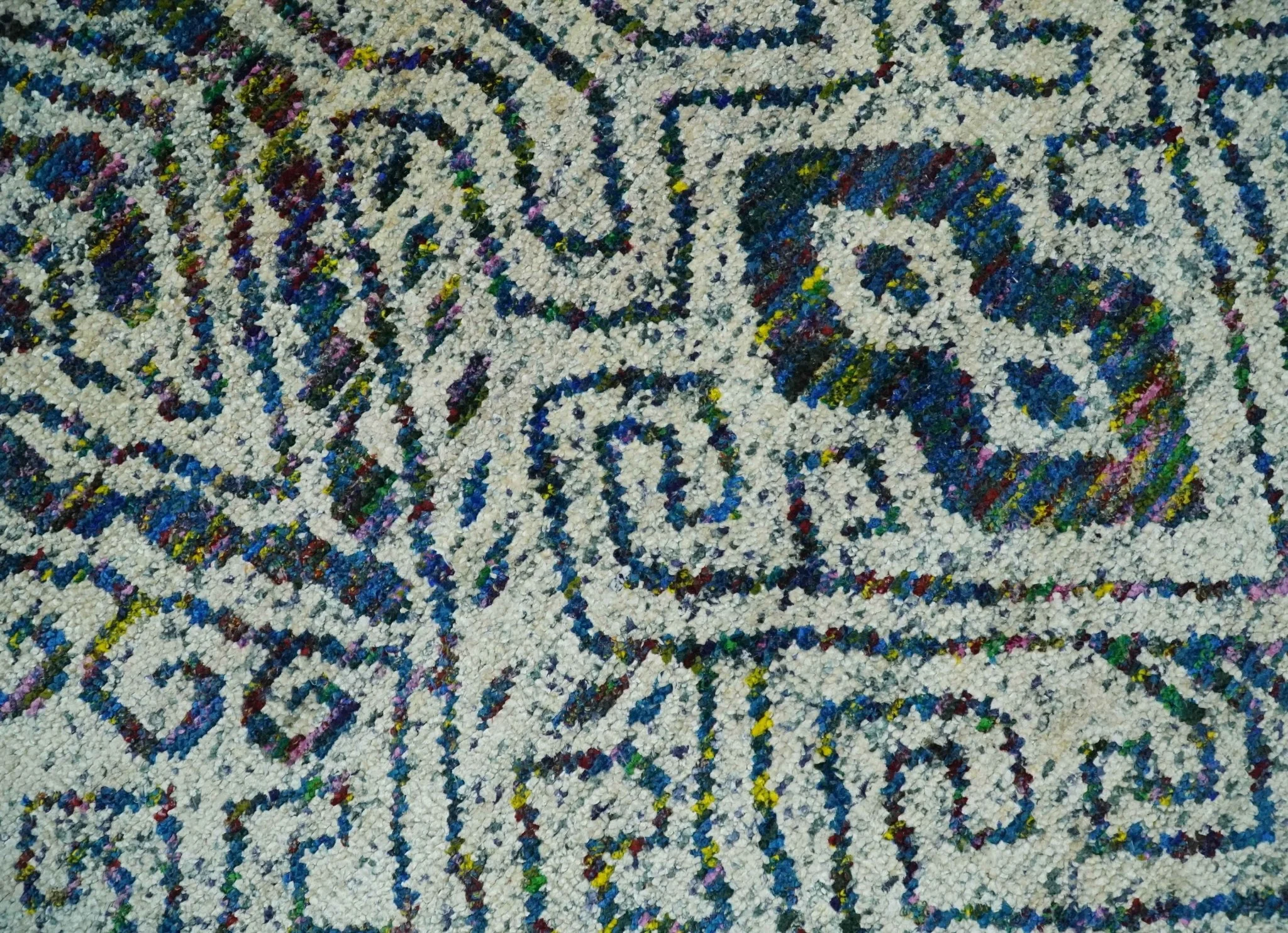 Antique 9x12 Hand Knotted Ivory, Teal and Blue Persian made of Recycled Silk Area Rug | OP48 - Image 2