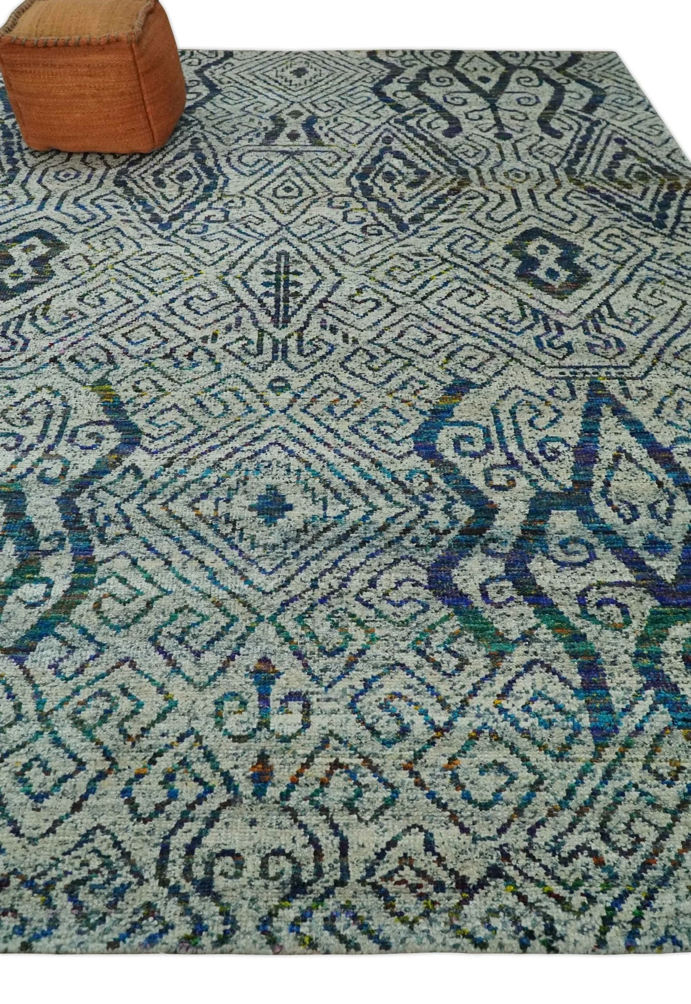 Antique 9x12 Hand Knotted Ivory, Teal and Blue Persian made of Recycled Silk Area Rug | OP48 - Image 3