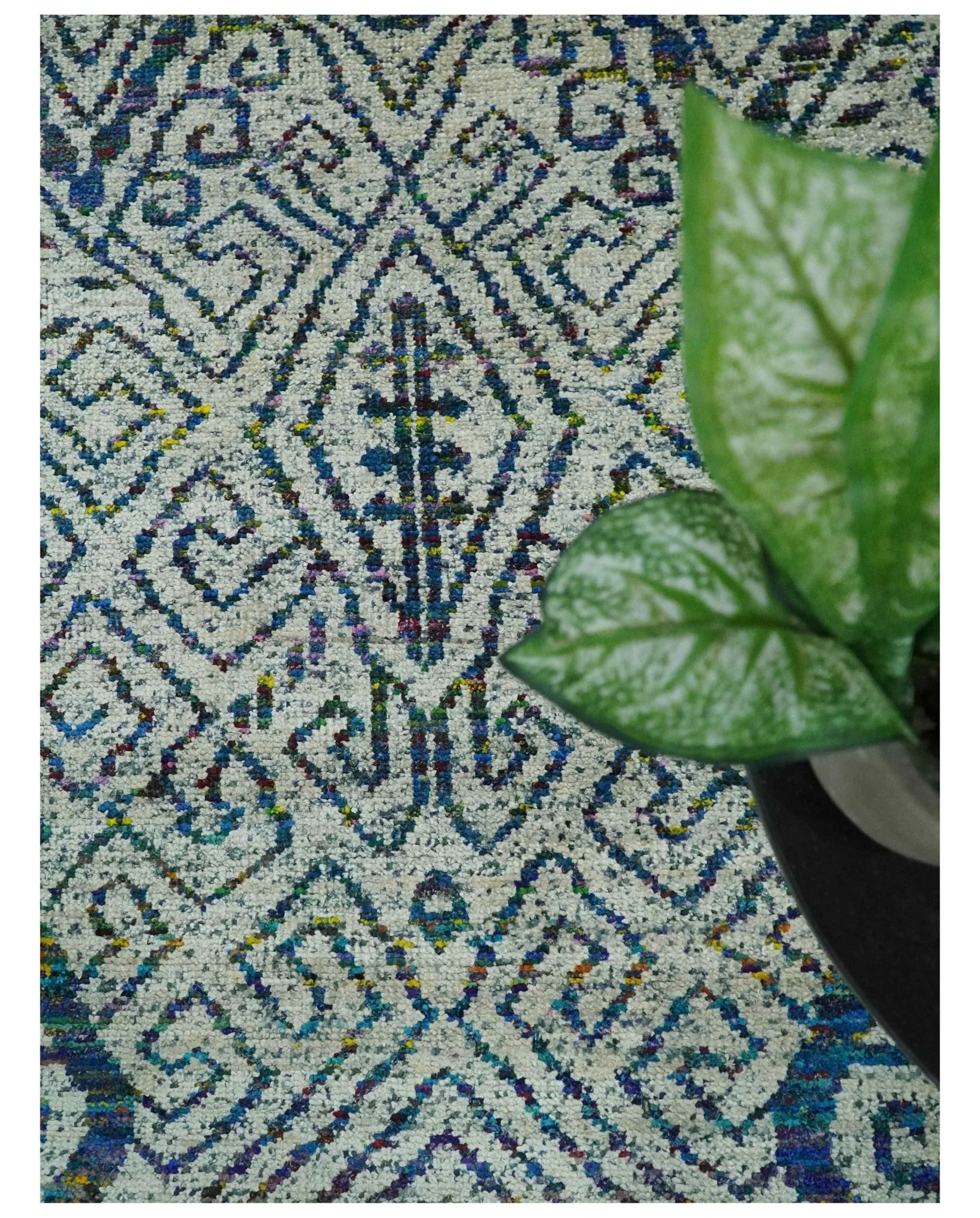 Antique 9x12 Hand Knotted Ivory, Teal and Blue Persian made of Recycled Silk Area Rug | OP48 - Image 4