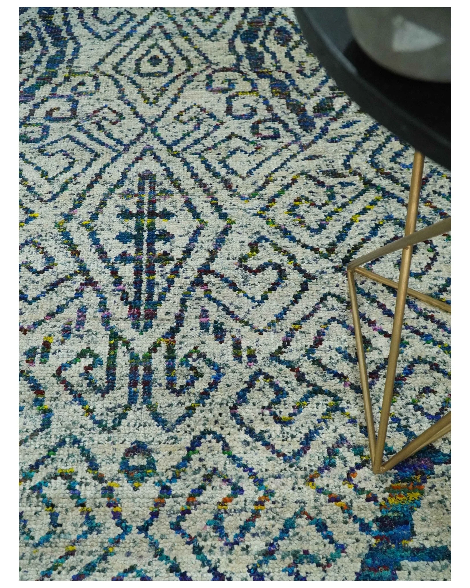 Antique 9x12 Hand Knotted Ivory, Teal and Blue Persian made of Recycled Silk Area Rug | OP48 - Image 5