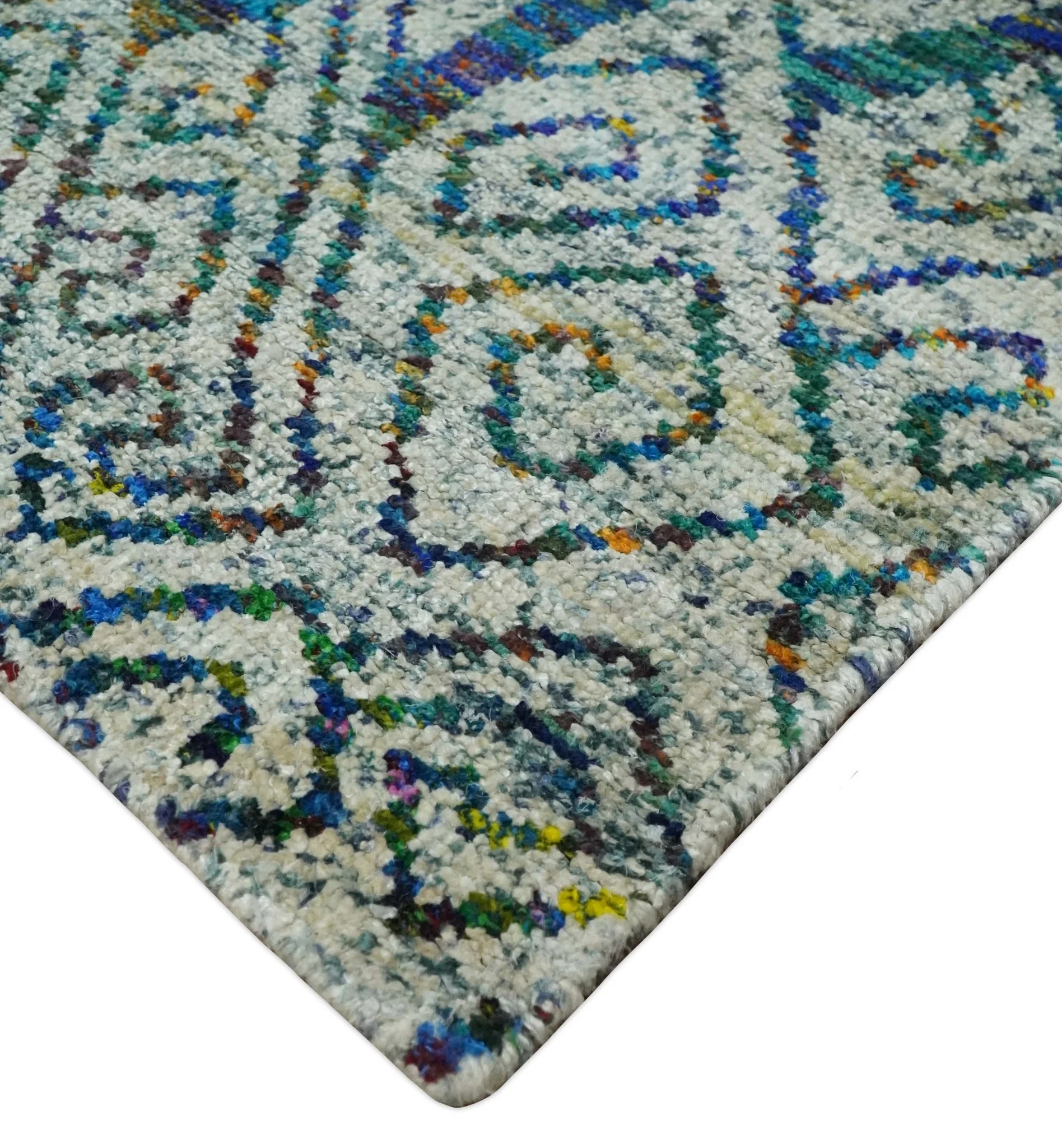 Antique 9x12 Hand Knotted Ivory, Teal and Blue Persian made of Recycled Silk Area Rug | OP48 - Image 6