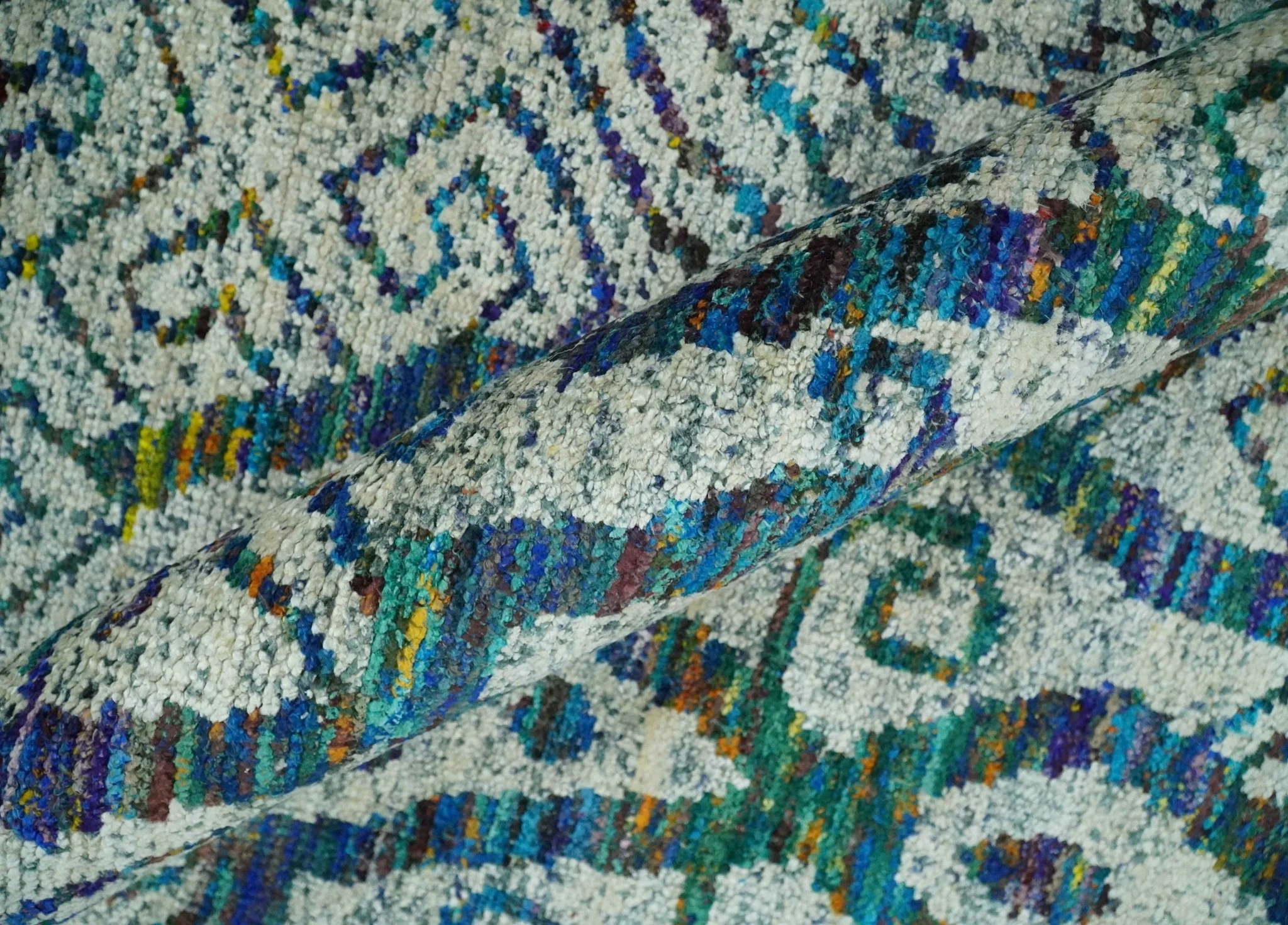 Antique 9x12 Hand Knotted Ivory, Teal and Blue Persian made of Recycled Silk Area Rug | OP48 - Image 7