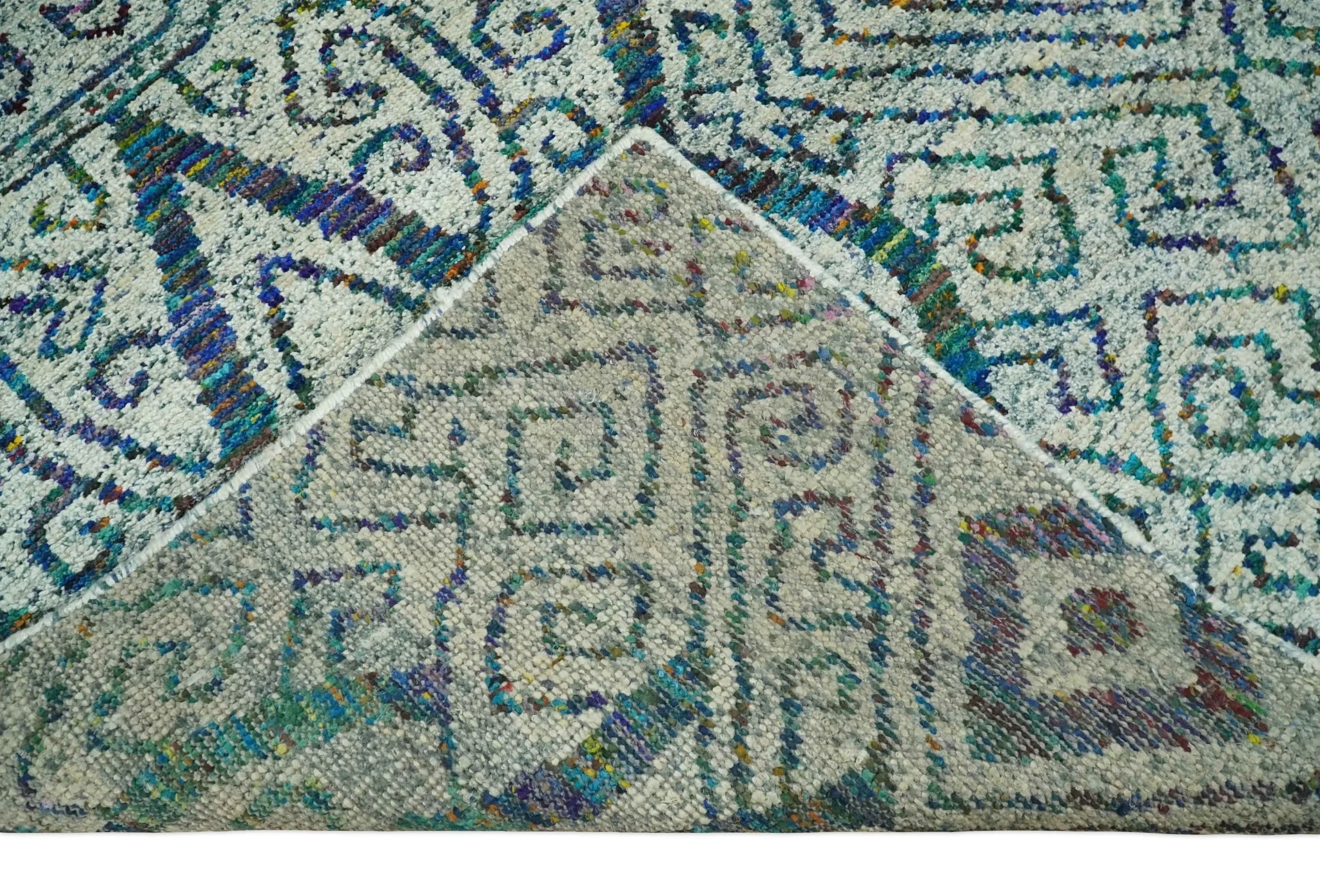Antique 9x12 Hand Knotted Ivory, Teal and Blue Persian made of Recycled Silk Area Rug | OP48 - Image 8