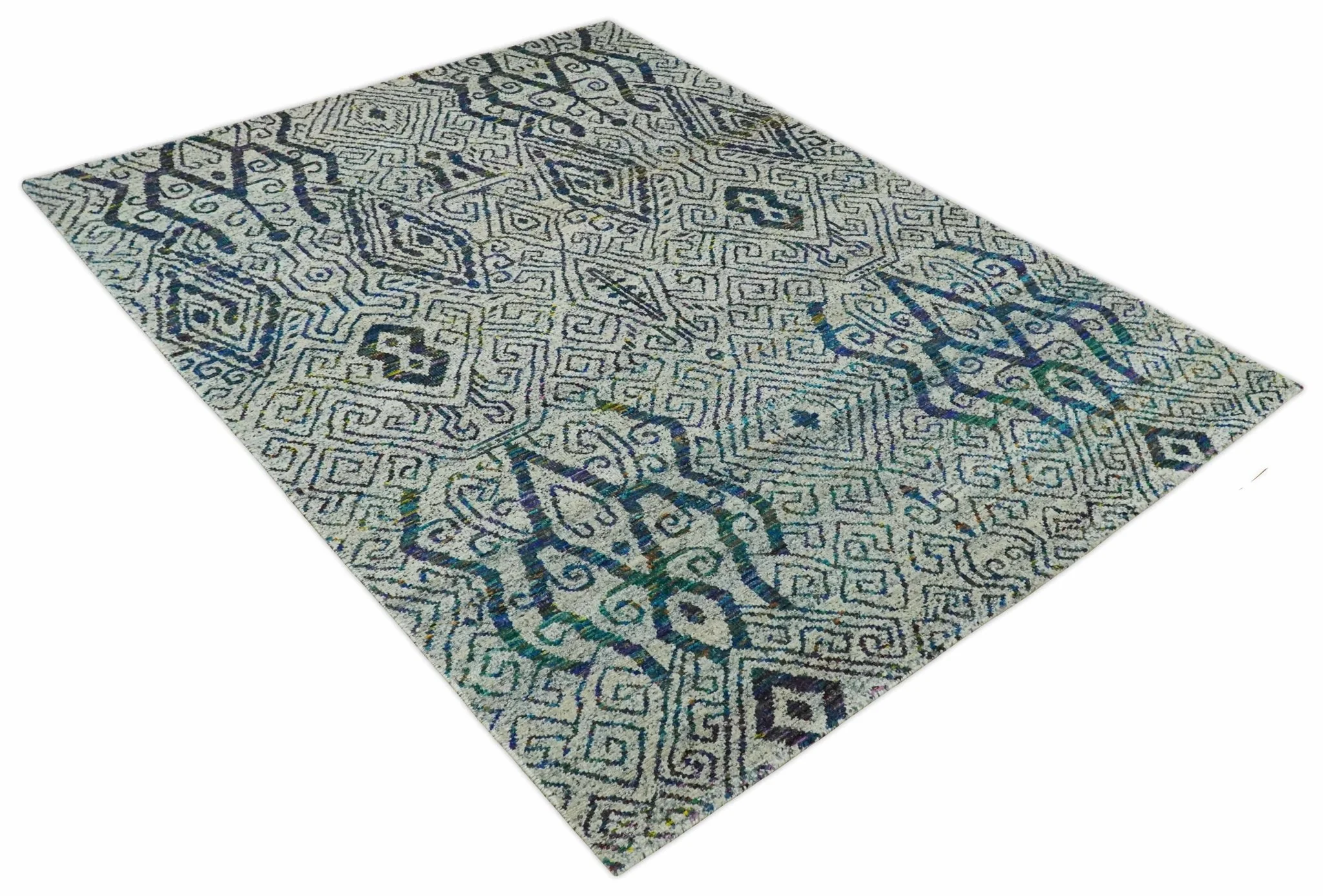 Antique 9x12 Hand Knotted Ivory, Teal and Blue Persian made of Recycled Silk Area Rug | OP48 - Image 9
