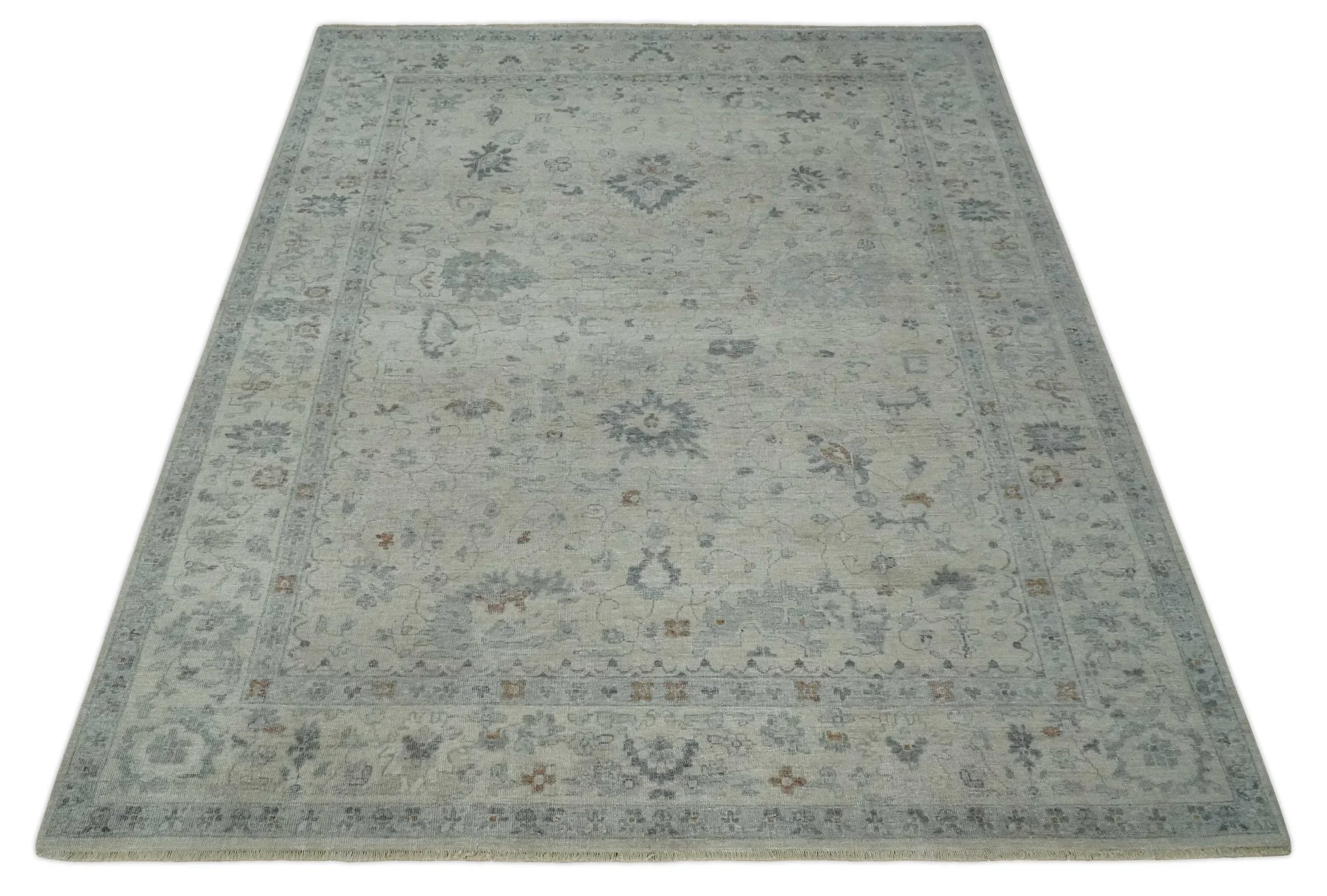 Antique Distressed look Beige and Charcoal Low Pile Multi Size Oushak wool Area Rug - Image 10