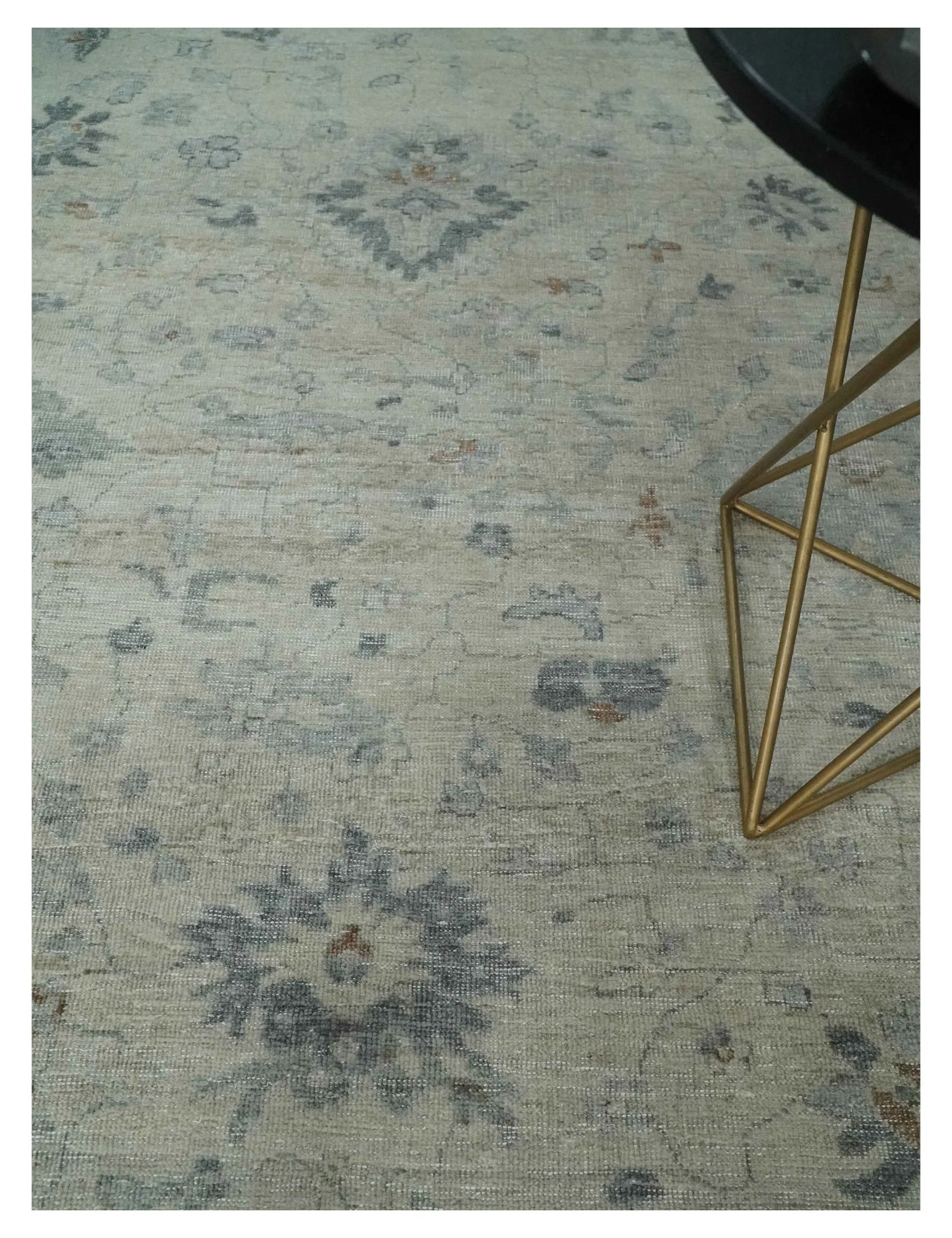 Antique Distressed look Beige and Charcoal Low Pile Multi Size Oushak wool Area Rug - Image 2