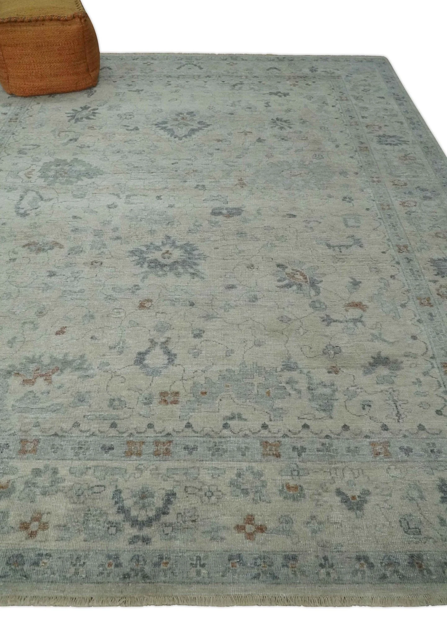 Antique Distressed look Beige and Charcoal Low Pile Multi Size Oushak wool Area Rug - Image 3