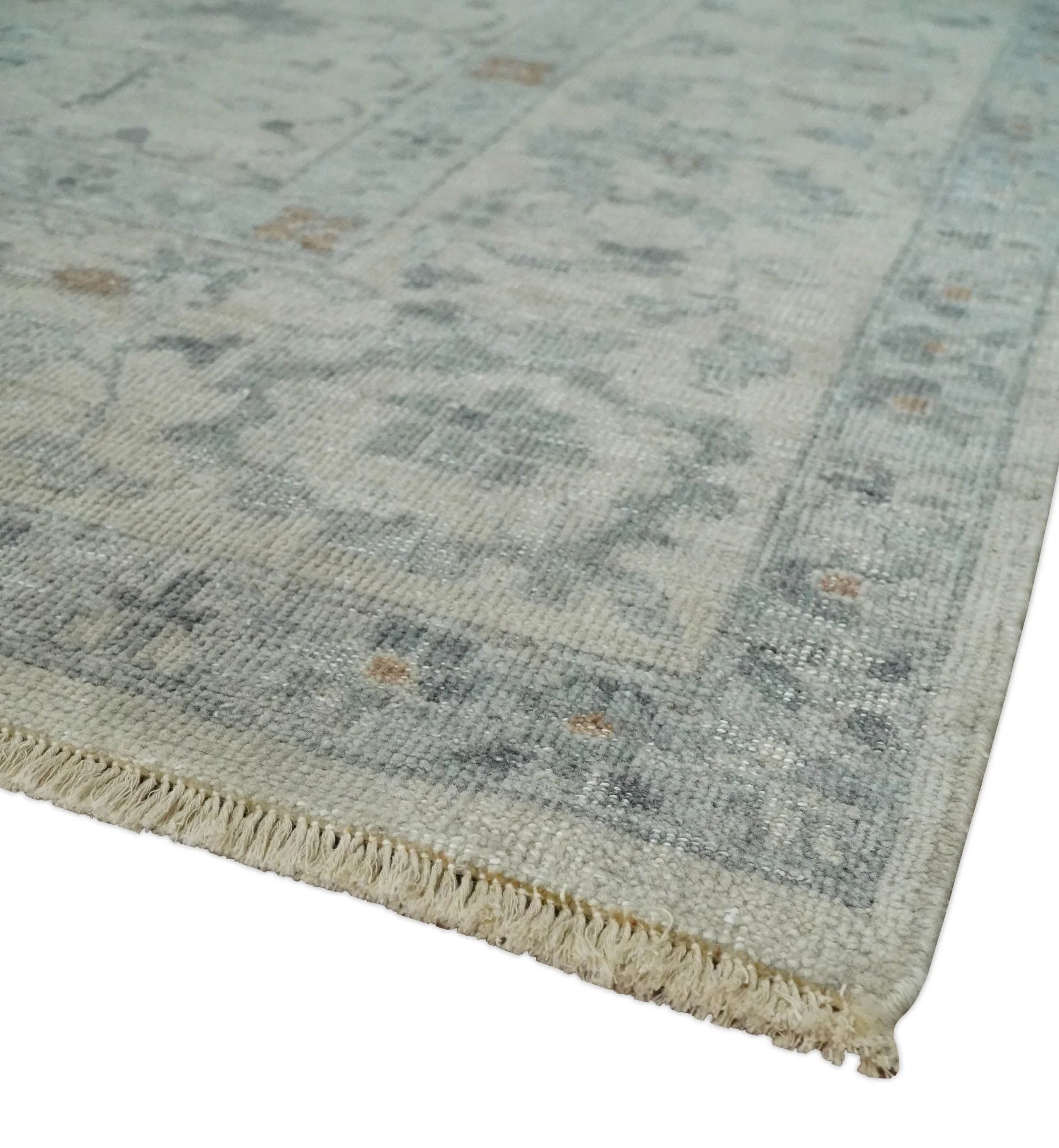 Antique Distressed look Beige and Charcoal Low Pile Multi Size Oushak wool Area Rug - Image 5