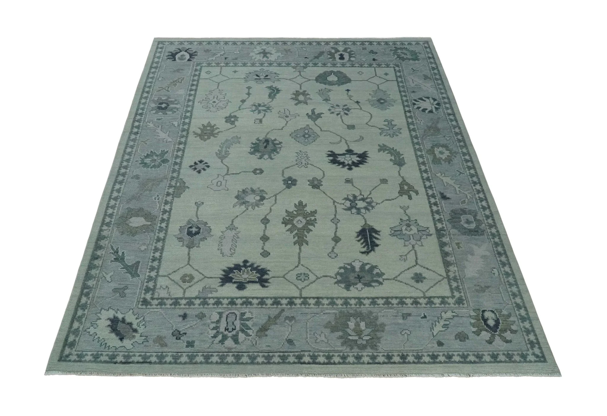 Antique multi size Hand Knotted Beige and Silver Traditional Floral Oushak wool Area Rug - Image 10