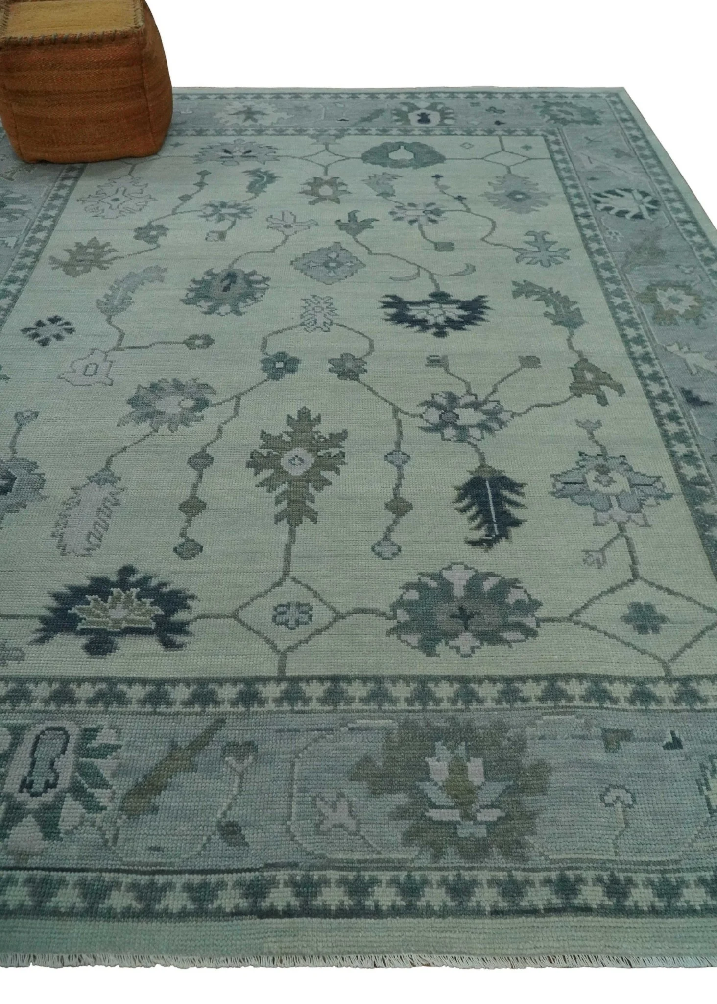 Antique multi size Hand Knotted Beige and Silver Traditional Floral Oushak wool Area Rug - Image 3