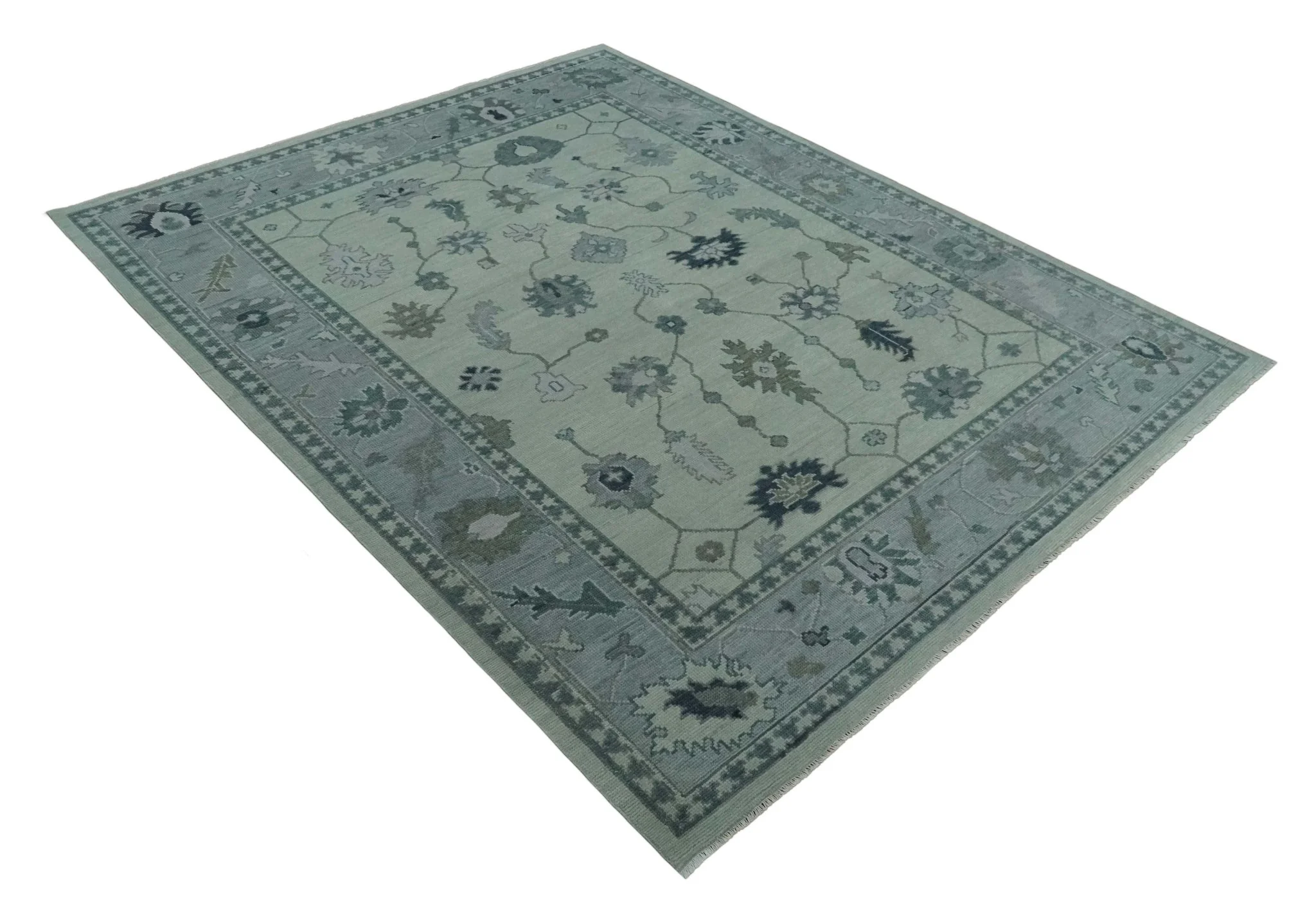Antique multi size Hand Knotted Beige and Silver Traditional Floral Oushak wool Area Rug - Image 9