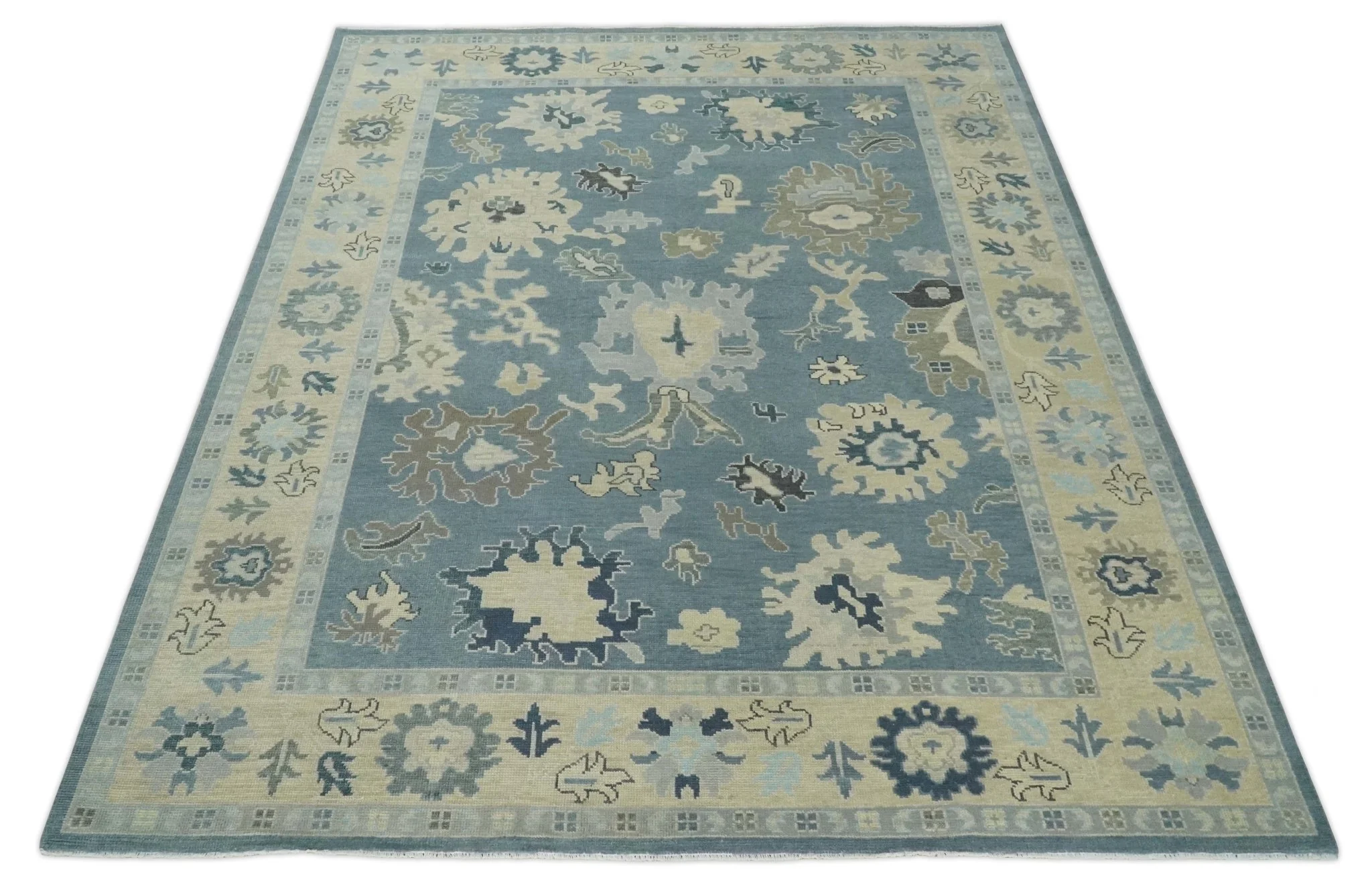 Antique Blue and Beige Multi size Hand Knotted Traditional Oushak Wool Area Rug - Image 10