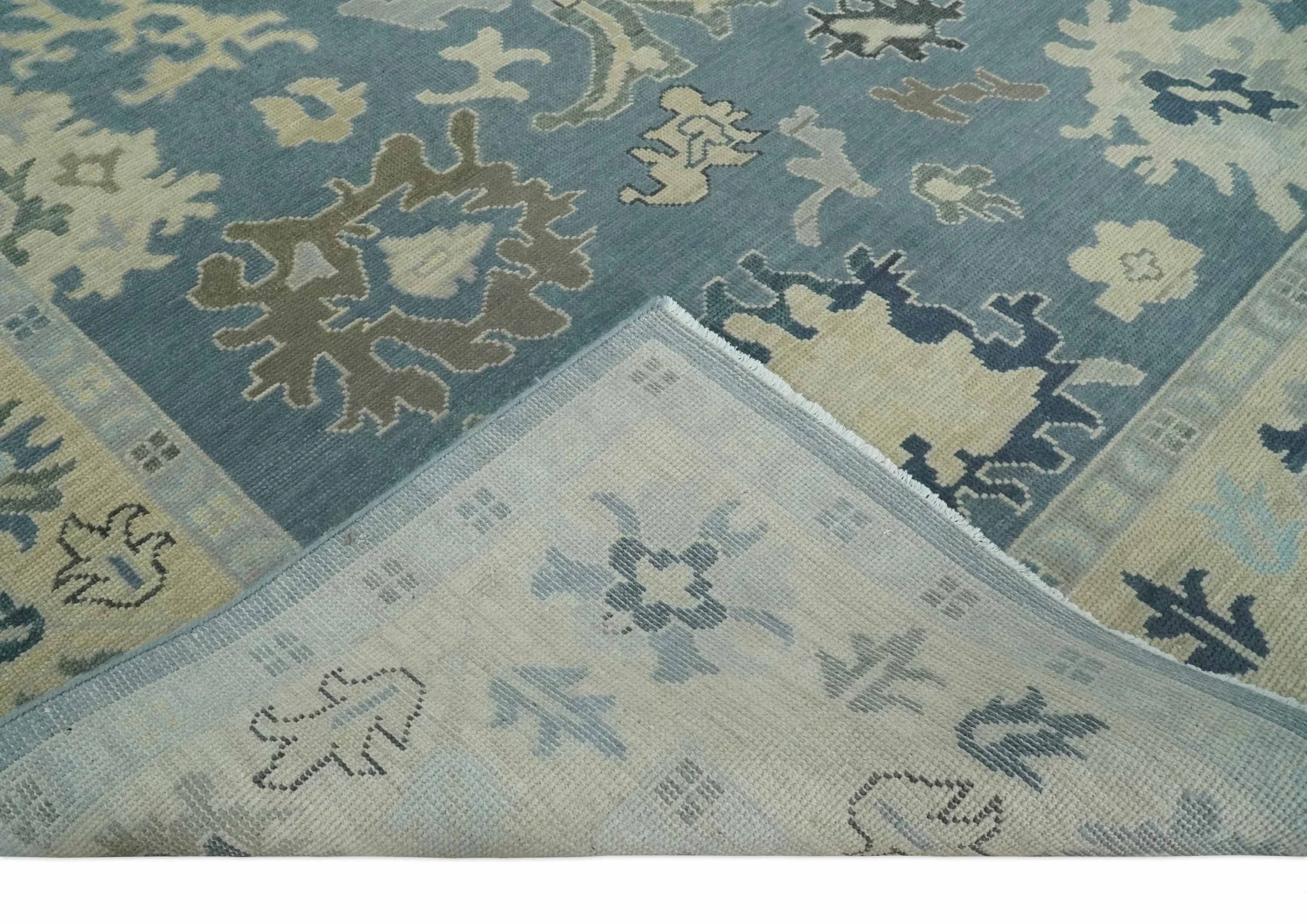 Antique Blue and Beige Multi size Hand Knotted Traditional Oushak Wool Area Rug - Image 7