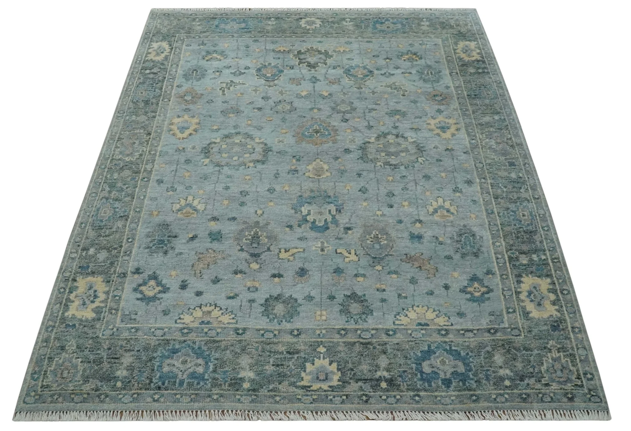 Custom Made Blue and Green Hand knotted traditional Oushak wool Area Rug - Image 10