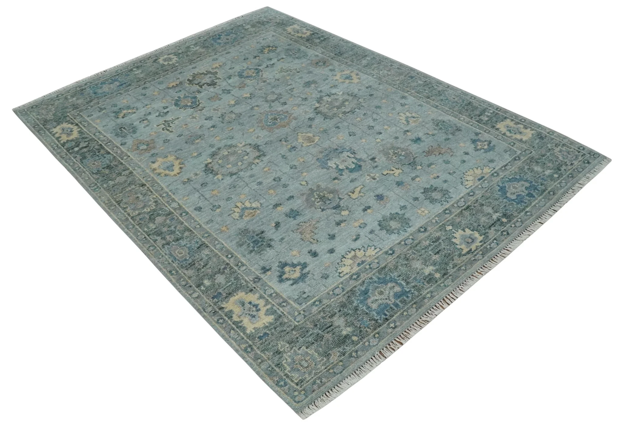 Custom Made Blue and Green Hand knotted traditional Oushak wool Area Rug - Image 9