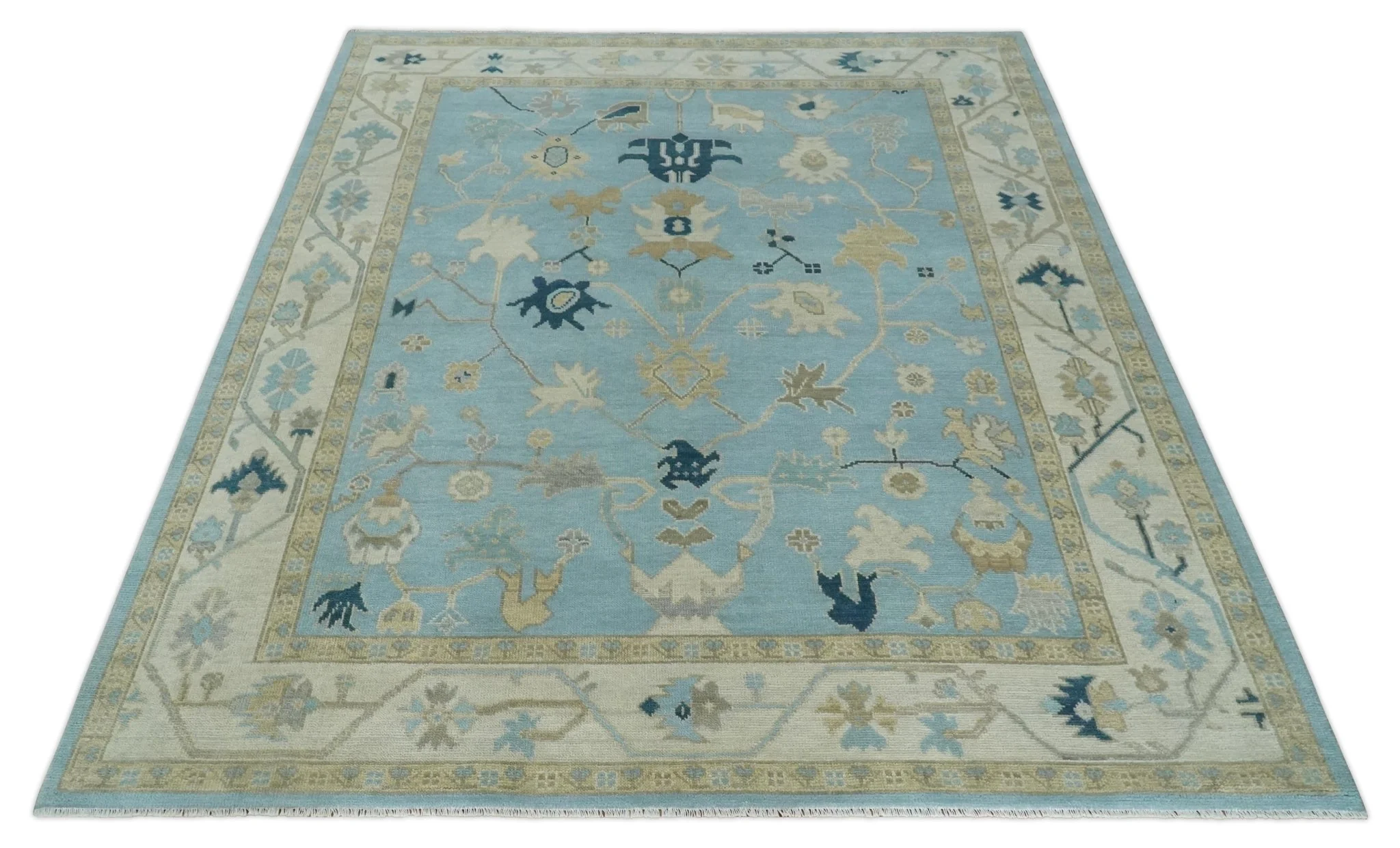 Antique Blue, Ivory and Beige Multi Size Traditional Oushak Wool Rug - Image 10