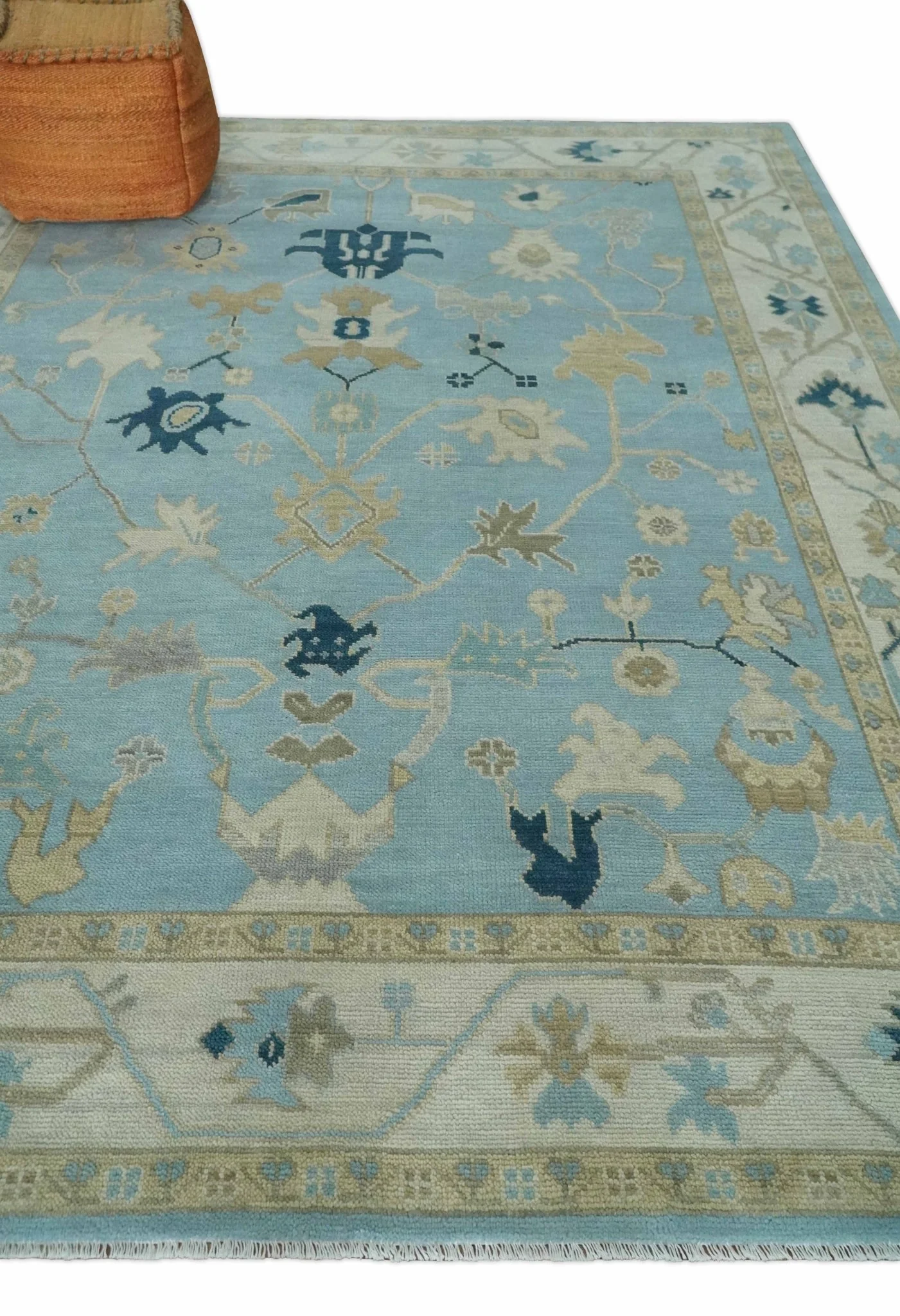 Antique Blue, Ivory and Beige Multi Size Traditional Oushak Wool Rug - Image 3
