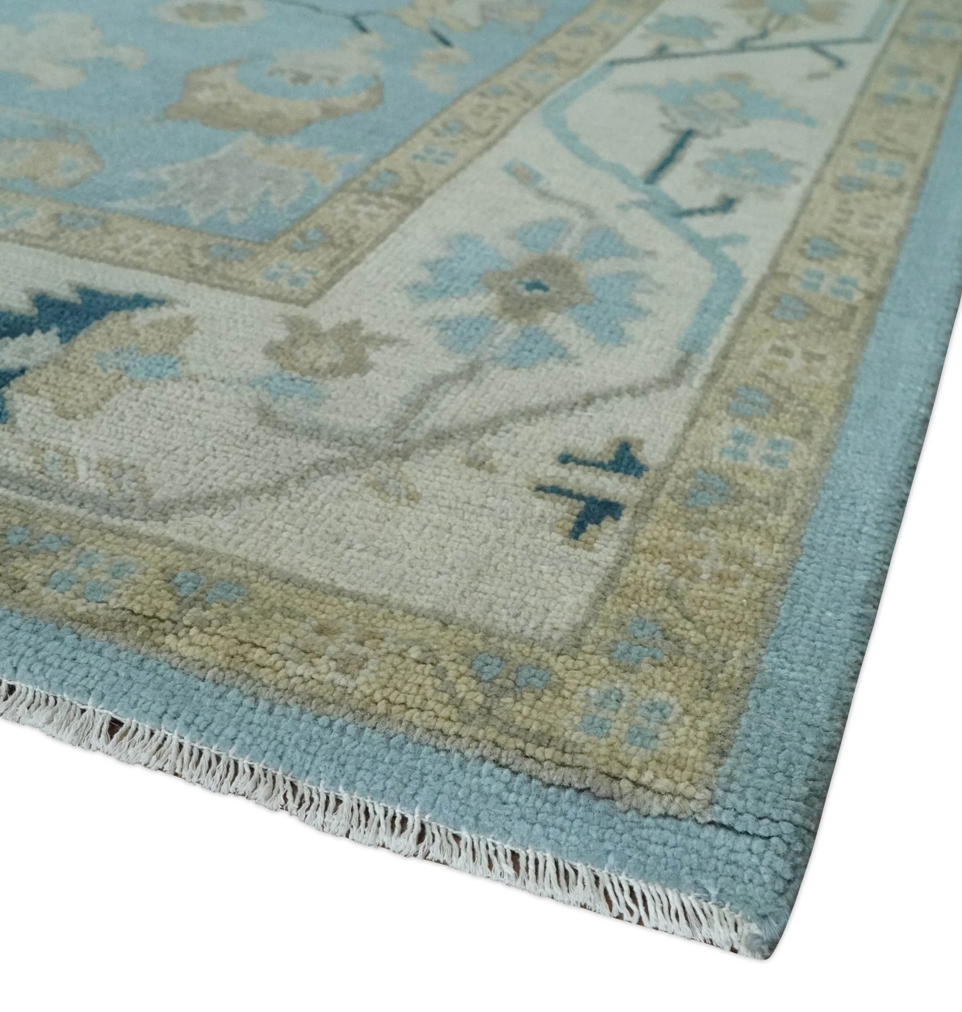 Antique Blue, Ivory and Beige Multi Size Traditional Oushak Wool Rug - Image 5